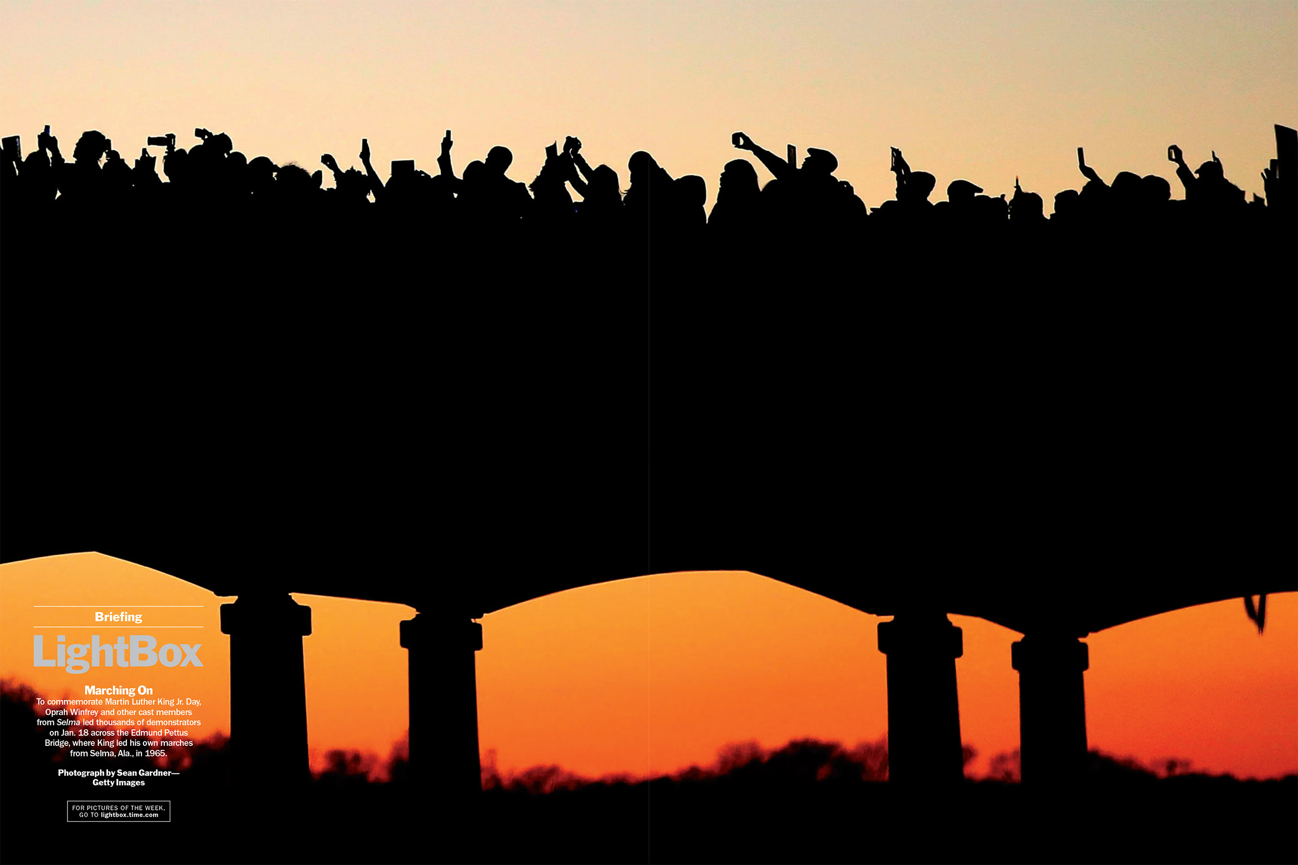 Photograph by Sean Gardner—Getty ImagesTo commemorate Martin Luther King Jr. Day, Oprah Winfrey and other cast members from Selma led thousands of demonstrators on Jan. 18 across the Edmund Pettus Bridge, where King led his own marches from Selma, Ala., in 1965. (TIME issue February 2, 2015)