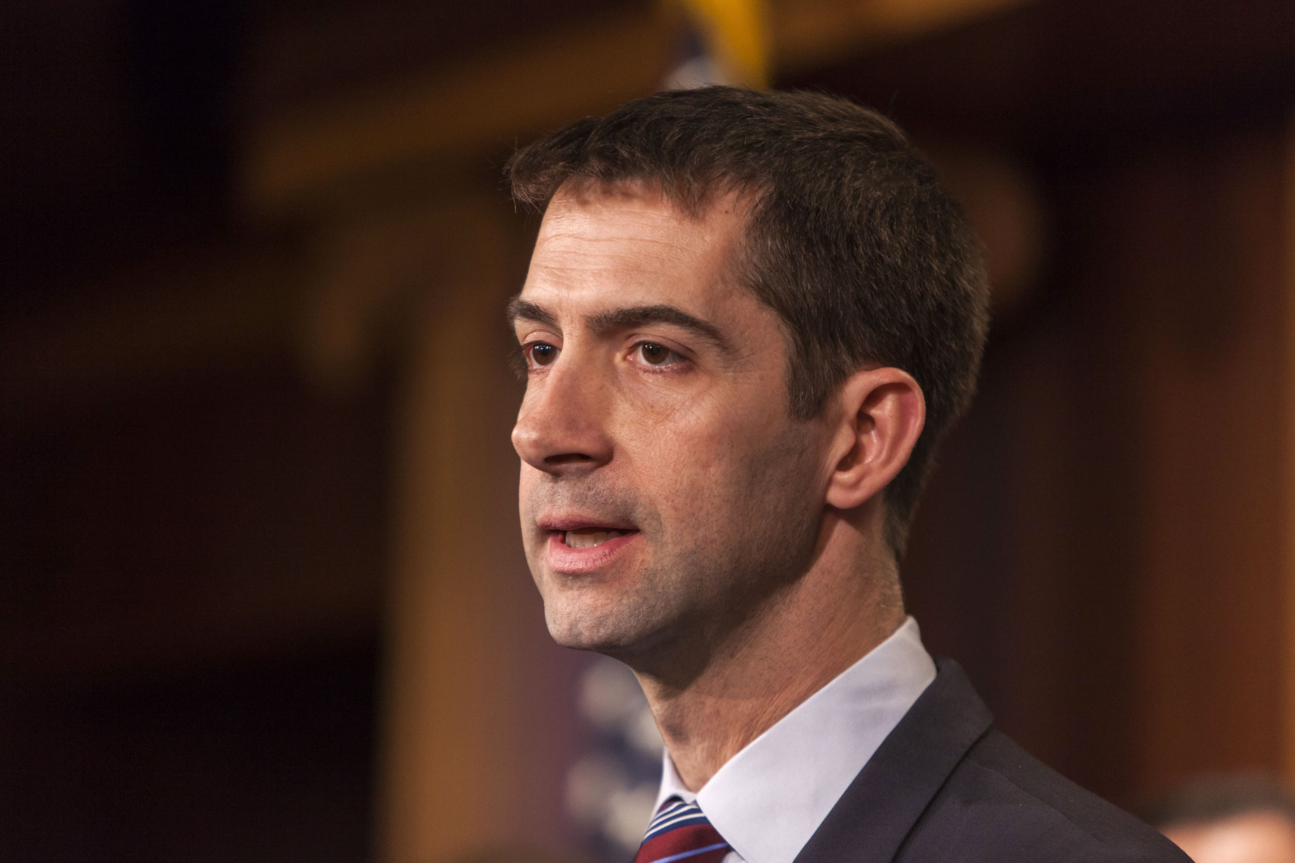 Senator Tom Cotton speaks during a news conference with members of the Senate Armed Services Committee about arming Ukraine in the fight against Russia in Washington, D.C. on Feb. 5, 2015. (Samuel Corum—Anadolu Agency/Getty Images)