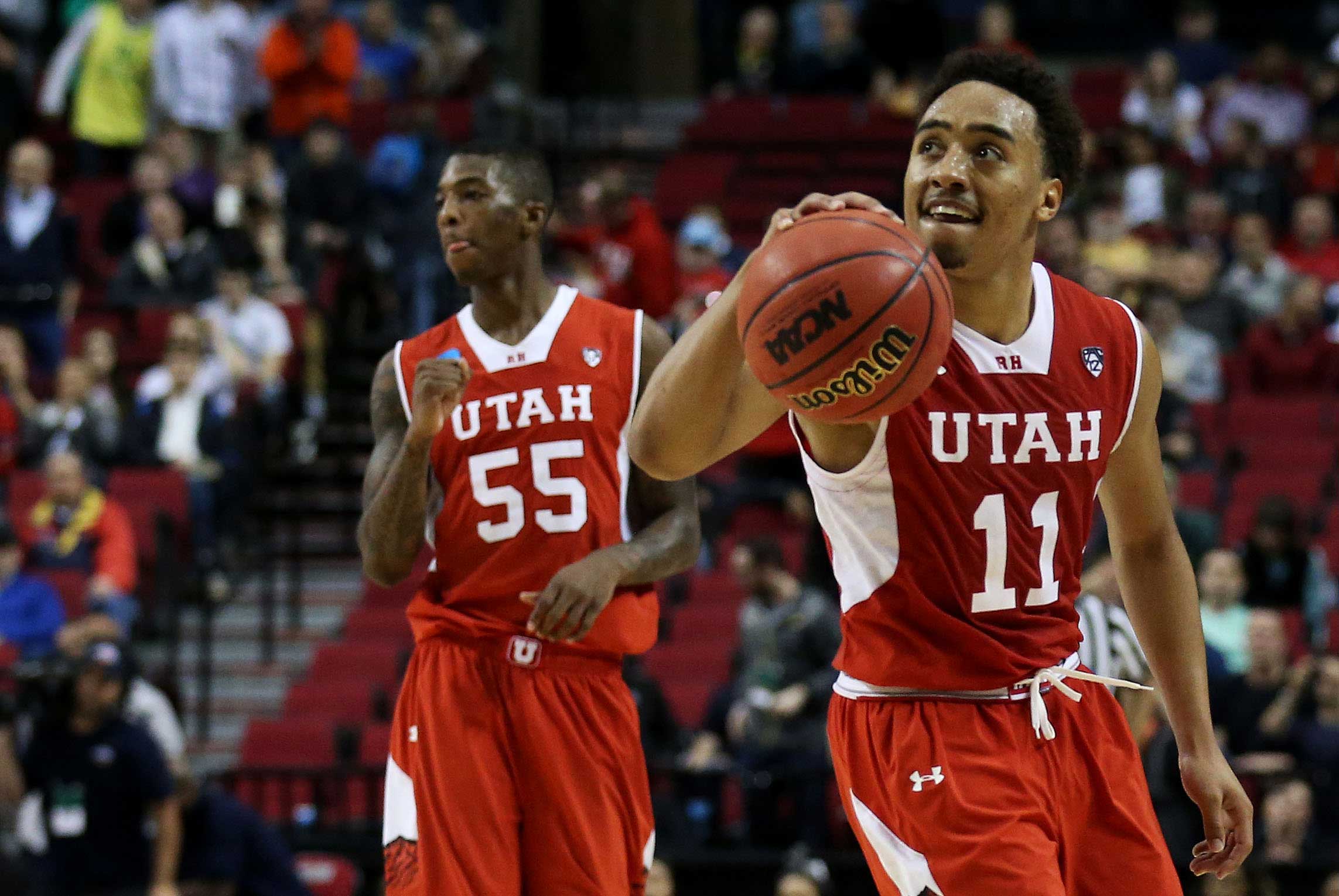 Brandon Taylor of the Utah Utes reacts in the second half against the Georgetown Hoyas during the third round of the 2015 NCAA Men's Basketball Tournament at Moda Center in Portland, Ore. March 21, 2015.