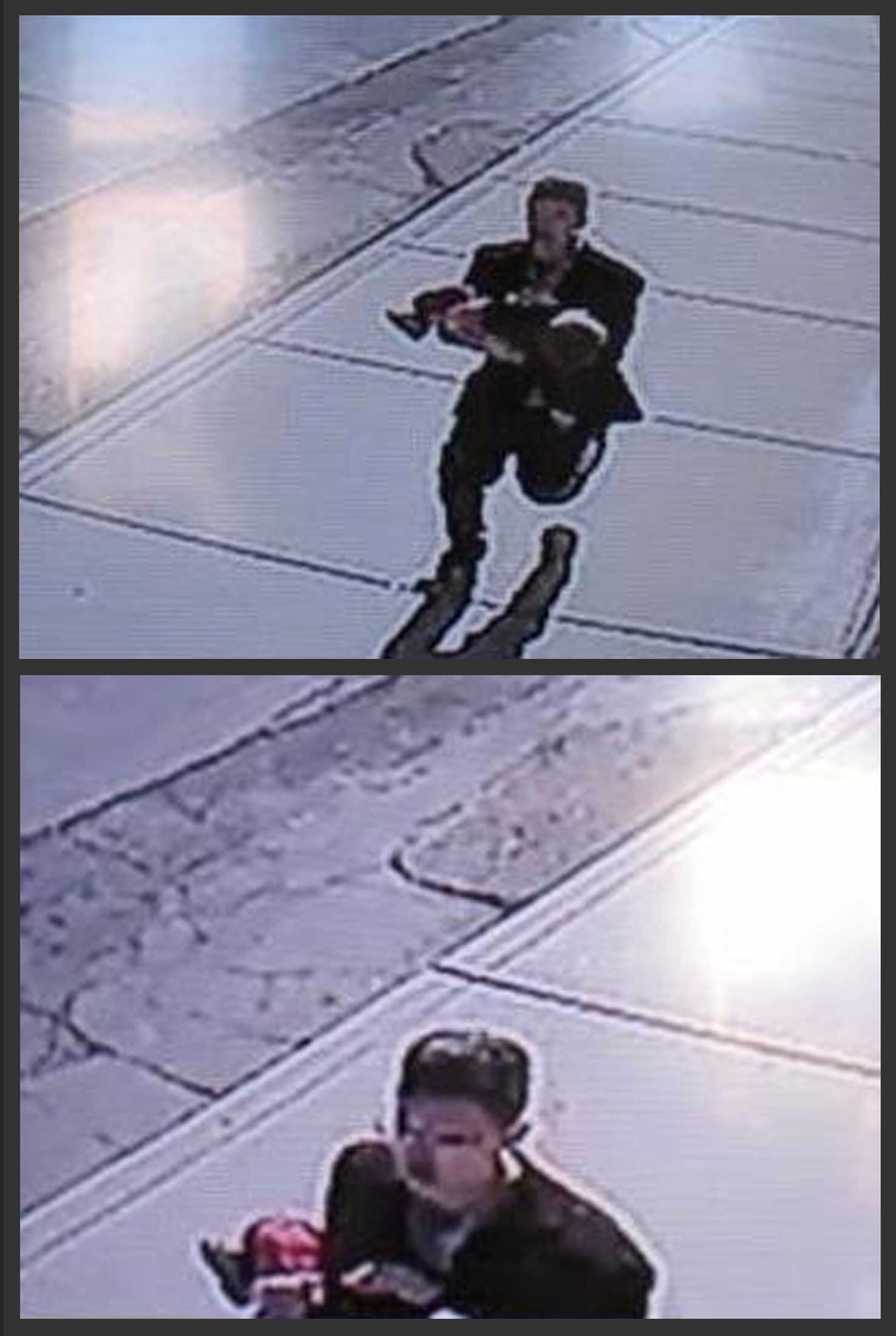In this combination of still images taken from surveillance video on Sunday, March 8, 2015, and provided by the Lincoln County Sheriff's Office, a man runs down a street, carrying a toddler in an apparent kidnapping attempt in Sprague, Wash. (Lincoln County Sheriff's Office/AP)