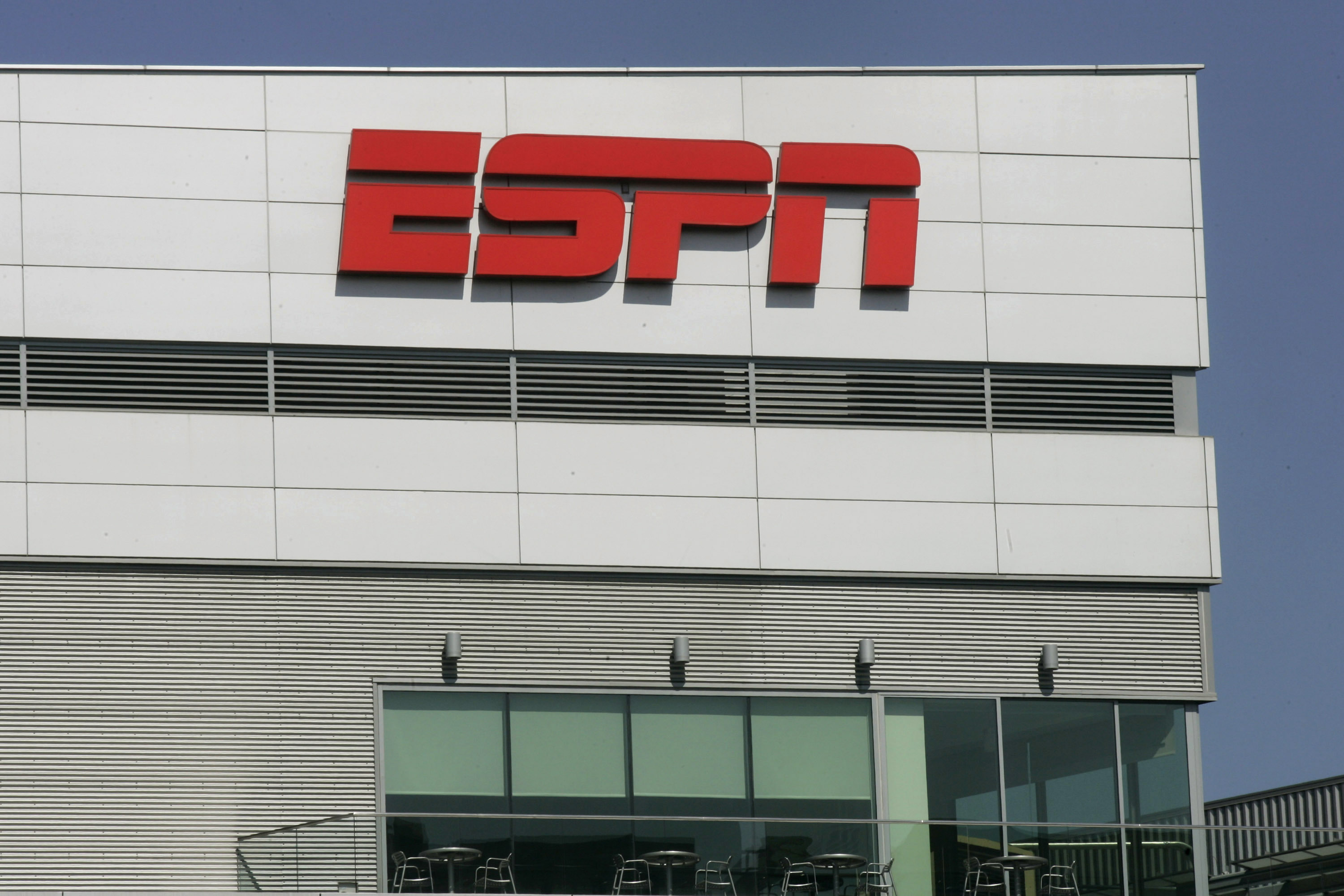The ESPN logo is displayed outside L.A. Live, which houses the ESPNZone, in Los Angeles, California, U.S., on Tuesday, Aug. 31, 2010. (Getty Images)