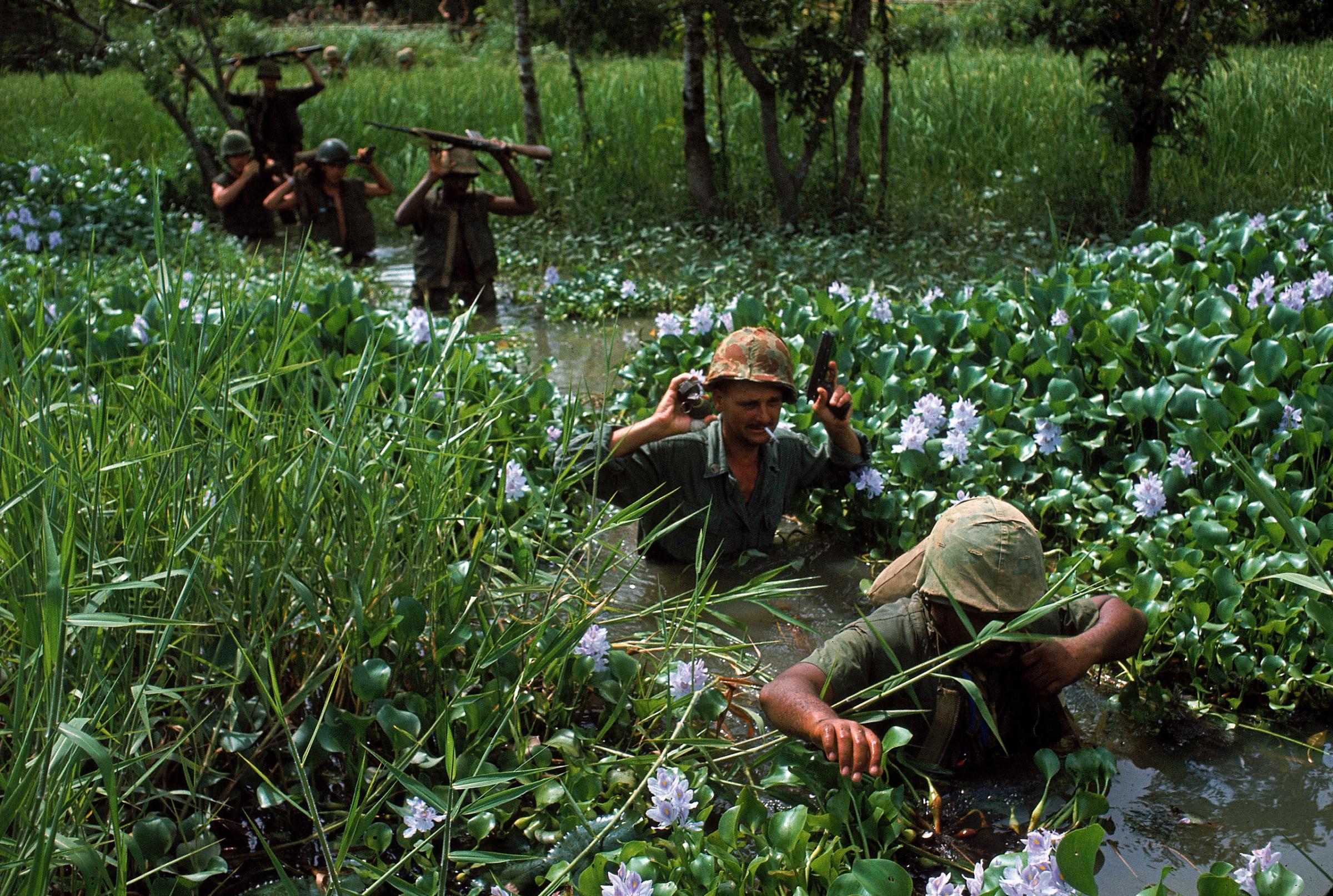 American soldiers wade through marshy area during the Vietnam War, 1965.