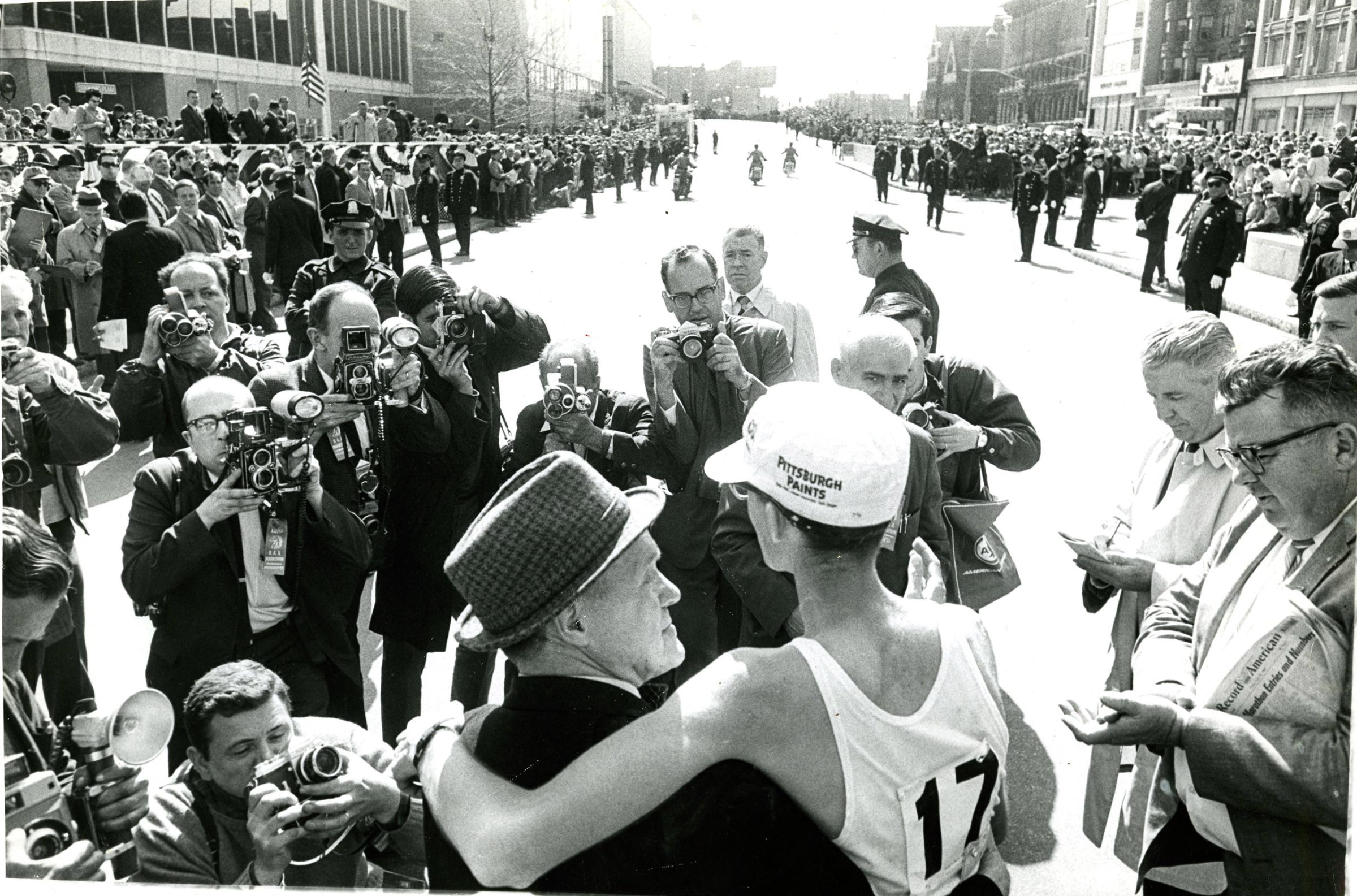 Amby Burfoot, right, and Jock Semple at the finish line of the Boston Marathon, April 19, 1968.