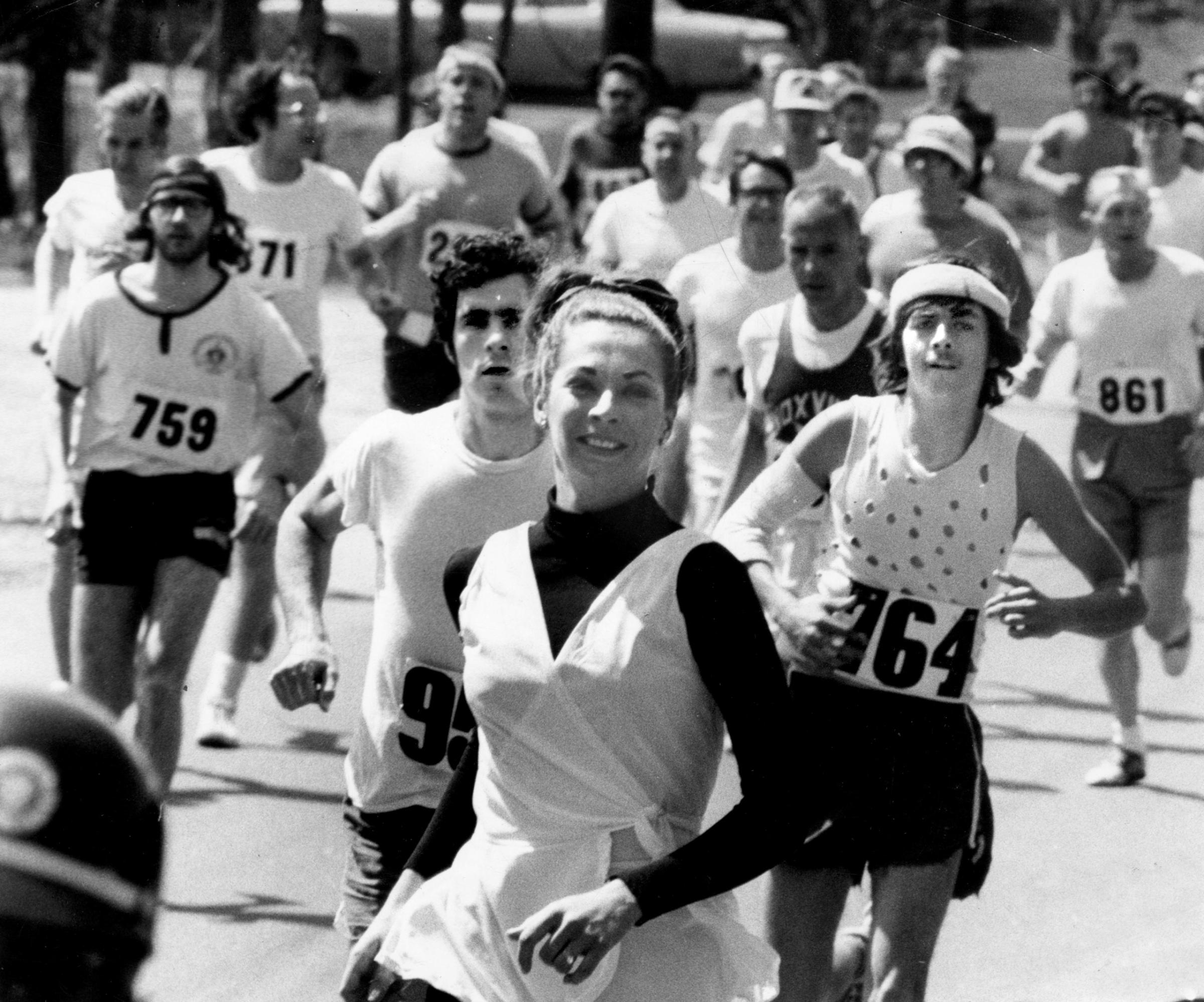 Kathy Switzer runs in the Boston Marathon on April 19, 1971.