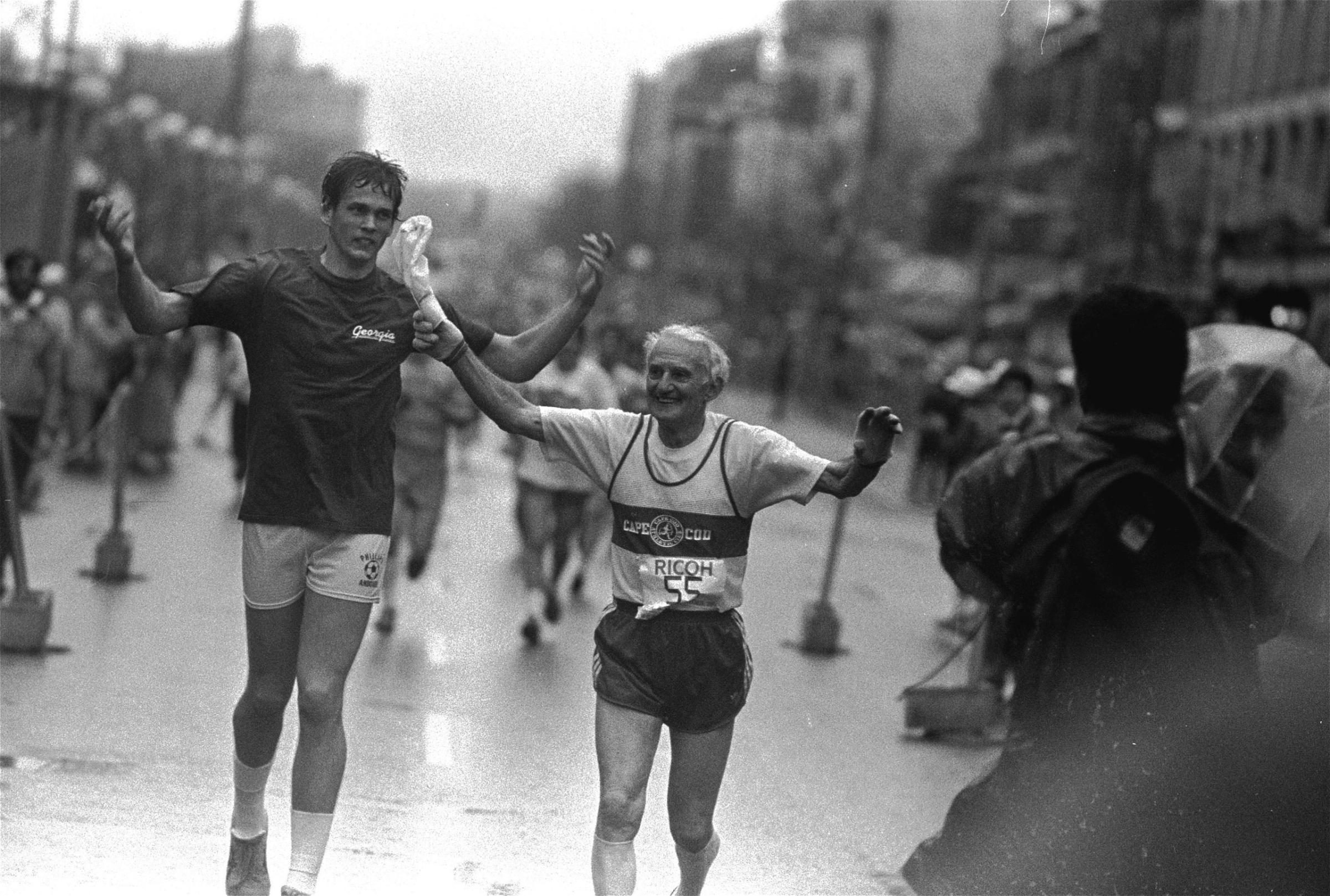 John A. Kelley, 78, smiles as he approaches the finish line at the 90th running of the Boston Marathon, April 21, 1986. Kelley's finish marked his 55th Boston Marathon.