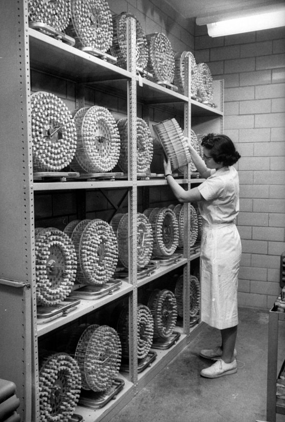 In incubator room, test tubes of vaccine samples rotate slowly in drums for seven days under controlled temperature. The samples are then analyzed.