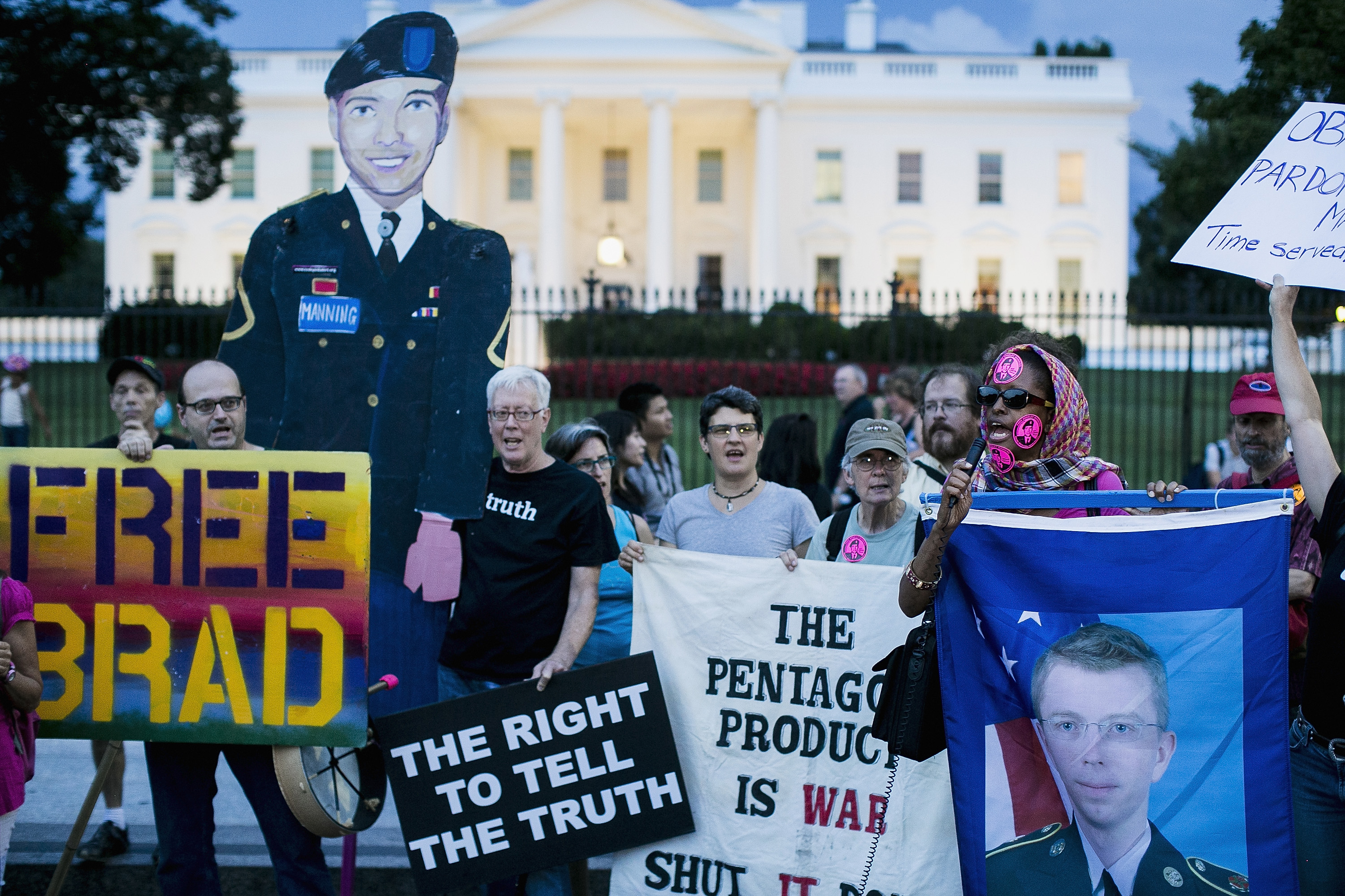 Protesters demonstrate in support of Bradley Manning on August 21, 2013 in front of the White House in Washington, DC. (T.J. Kirkpatrick—Getty Images)