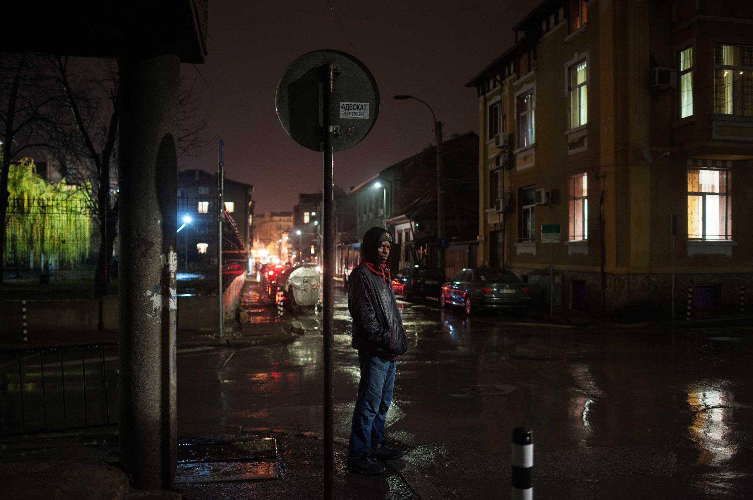 Mansour, an immigrant from Mali waits a friend in downtown Sofia, Sofia, Bulgaria on Dec. 7, 2014. He is in a shelter in south-western part of the city.