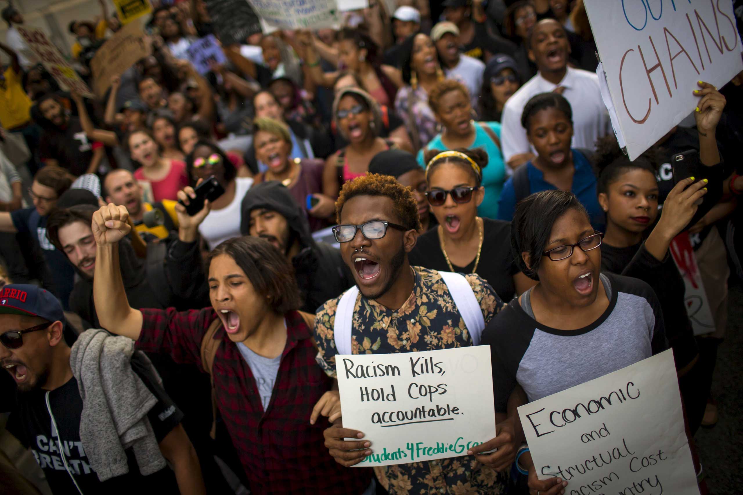 Demonstrators march in Baltimore on April 29, 2015.