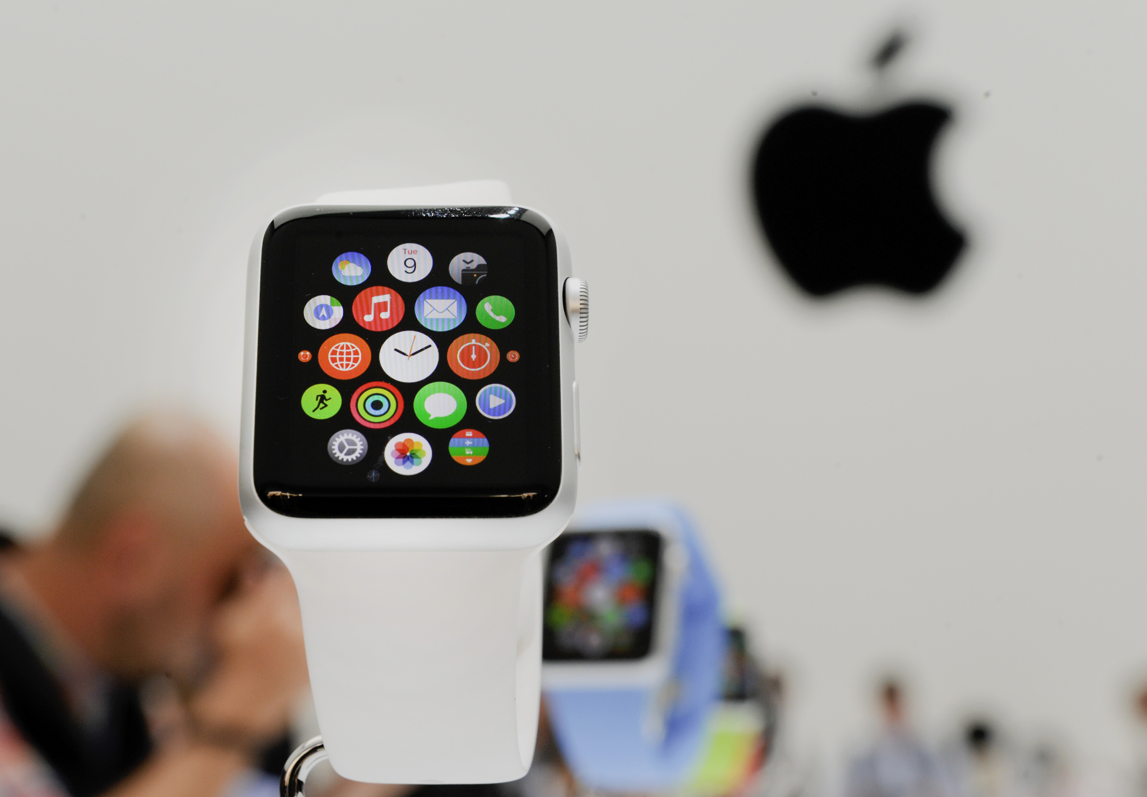 The Apple Watch is displayed after a product announcement at Flint Center in Cupertino, California, U.S., on Tuesday, Sept. 9, 2014. (Bloomberg—Bloomberg via Getty Images)