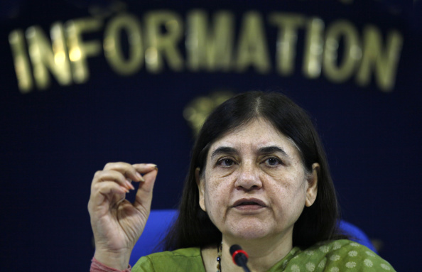 Women and Child Development Minister Maneka Gandhi addresses a press conference on the completion of 100 days of her ministry in New Delhi on Sept. 17, 2014 (Raj K Raj—Hindustan Times/Getty Images)