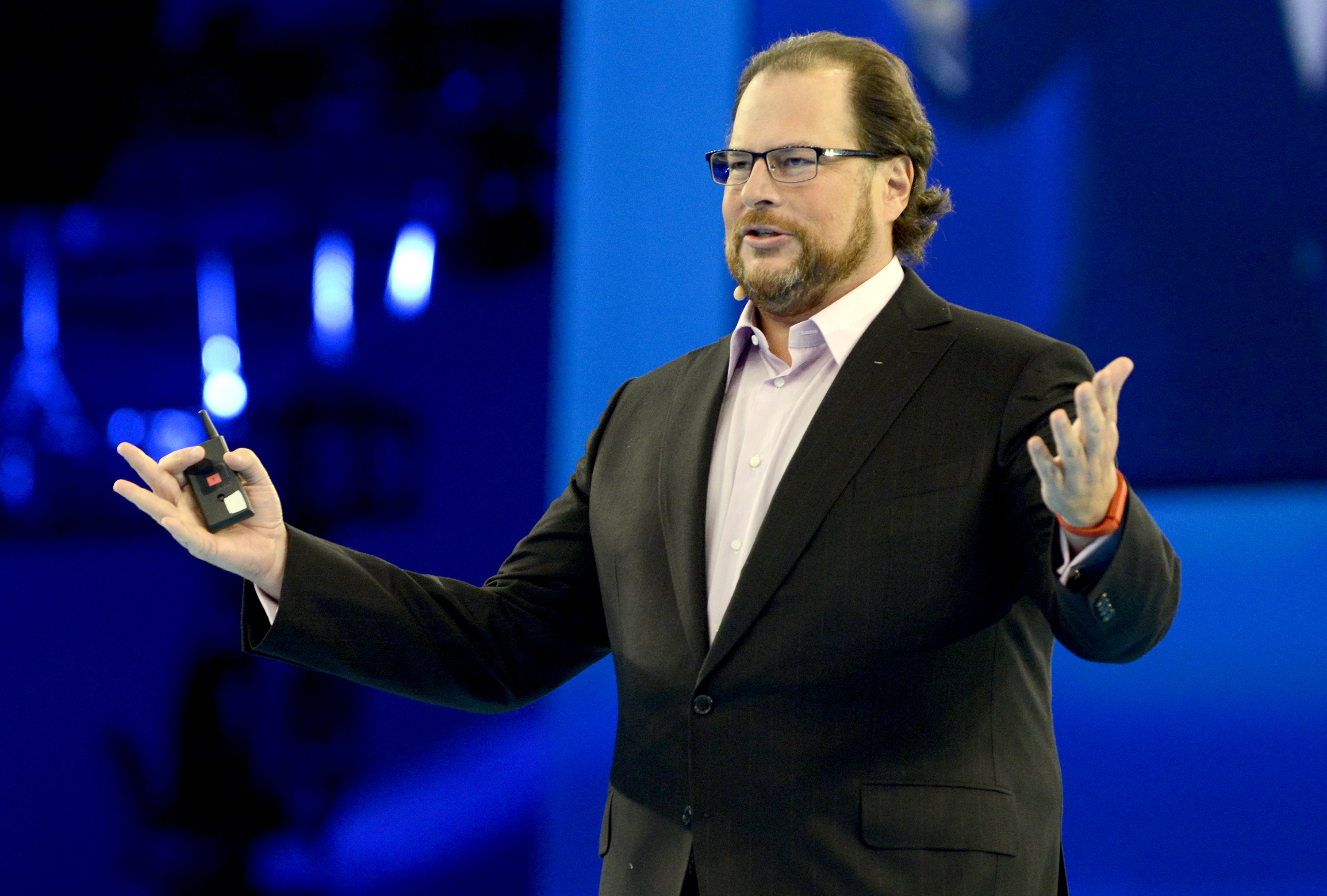 Marc Benioff delivers the keynote speech at Salesforce.com's Dreamforce 2014 Conference at Moscone South on October 14, 2014 in San Francisco, California. (Tim Mosenfelder—Getty Images)