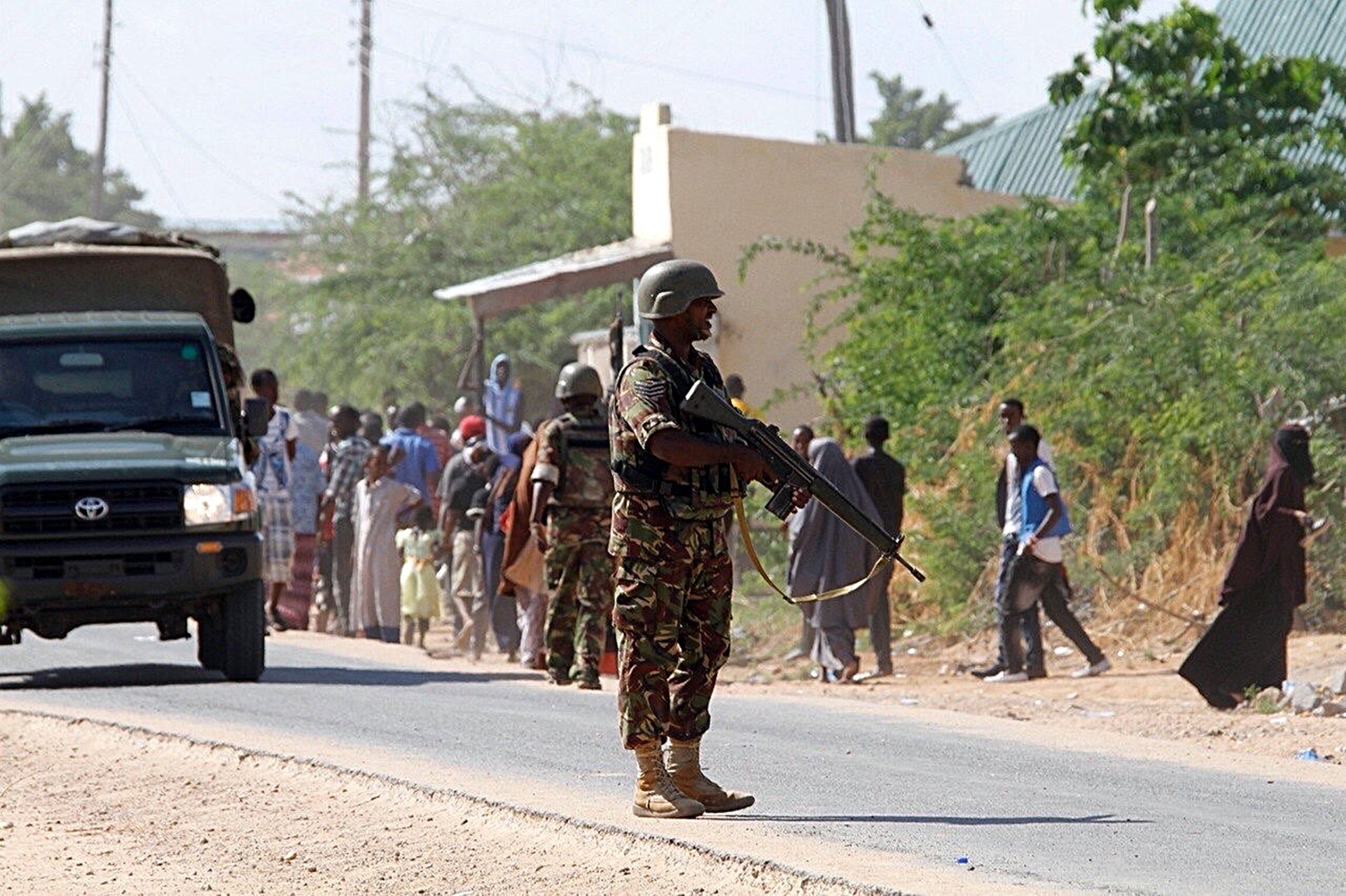 Security forces guard after Al-Shabaab terrorists shot the students' way into Garissa University College, at least 147 students were killed and 79 injured, in Nairobi, Kenya, on April 2. (Anadolu Agency—Getty Images)