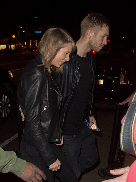 Taylor Swift and Calvin Harris arrive at a benefit concert on April 2, 2015 in Los Angeles.