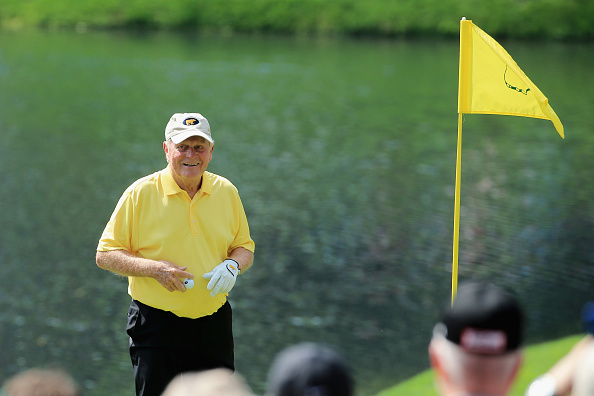 Jack Nicklaus celebrates his hole-in-one during the Par 3 Contest prior to the start of the 2015 Masters Tournament in Augusta, Ga. on April 8, 2015.
