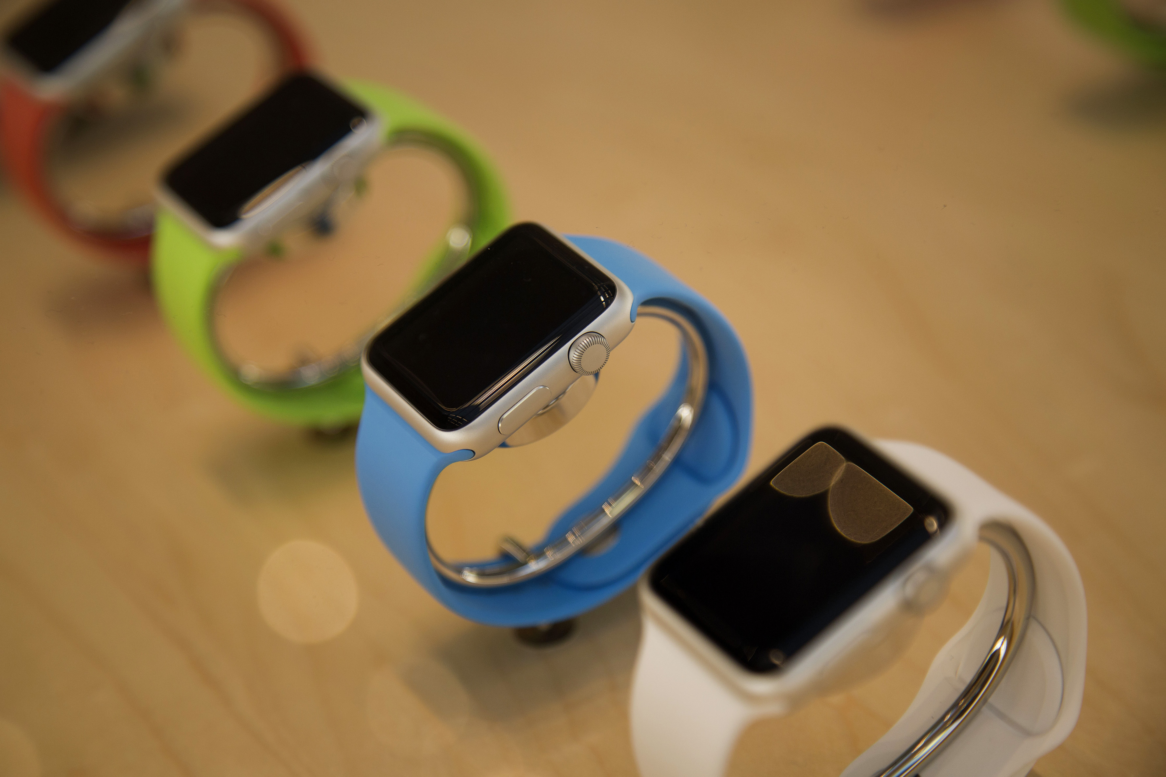 The Apple Watch Sport edition is displayed at an Apple Inc. store in New York, U.S., on Friday, April 10, 2015. (Michael Nagle—Bloomberg/Getty Images)