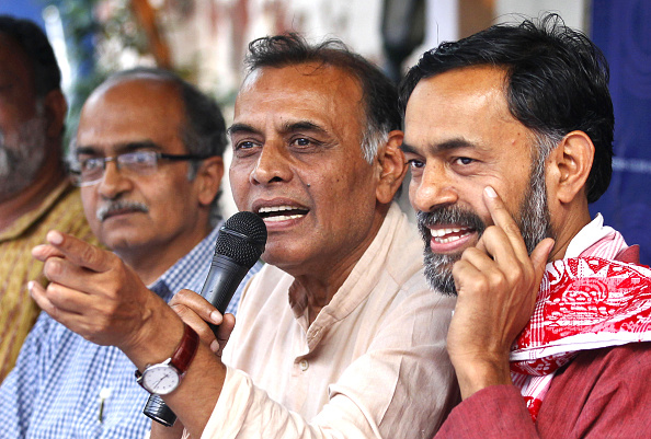 Dissident AAP leaders, from left, Prashant Bhushan, Anand Kumar and Yogendra Yadav addressing a press conference at the Press Club of India in New Delhi on April 15, 2015 (Ajay Aggarwal—Hindustan Times/Getty Images)