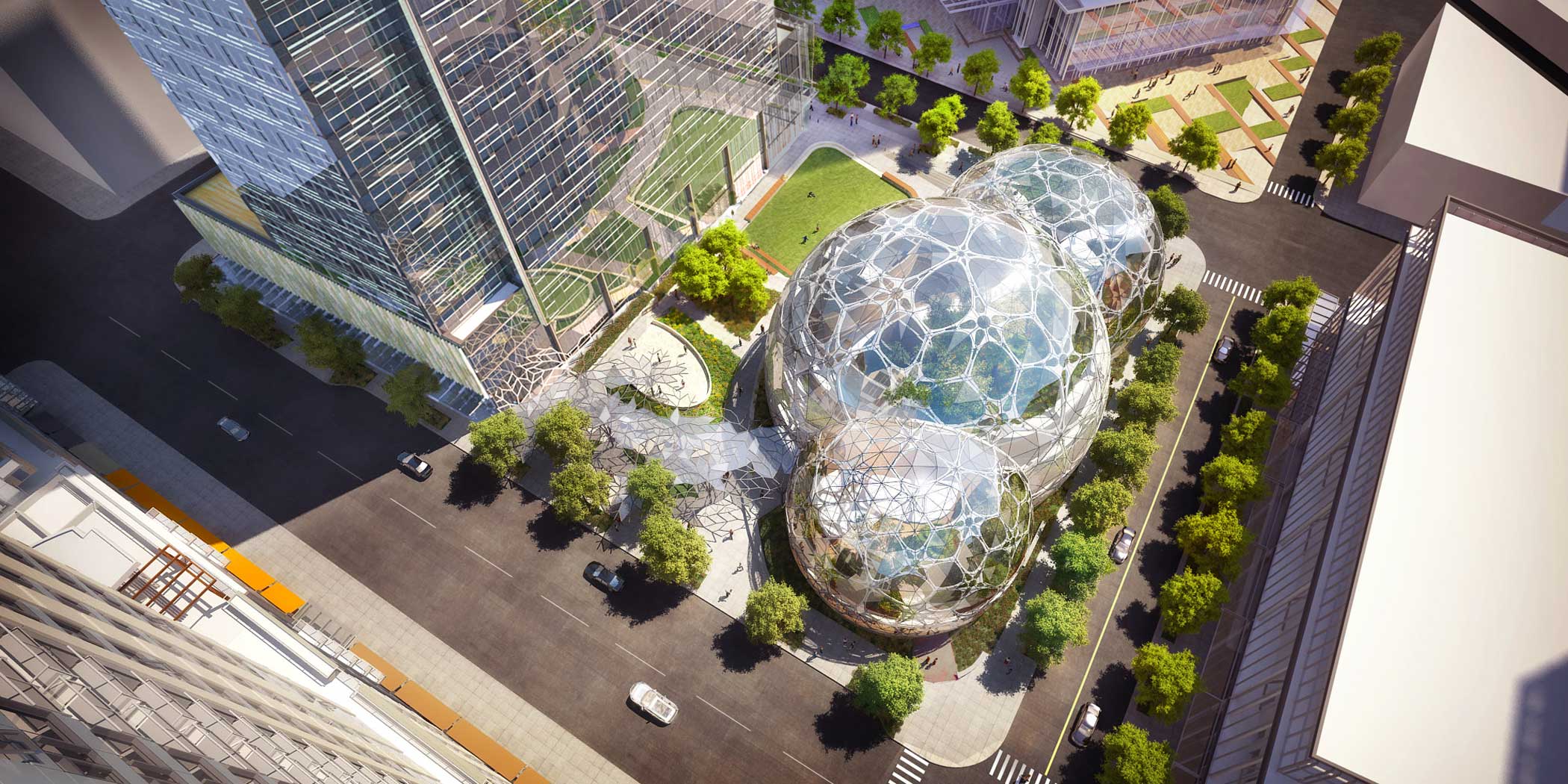 Amazon Seattle, Wash., Three 38-story office towers in an underdeveloped downtown area will be built around glass bio-domes.
