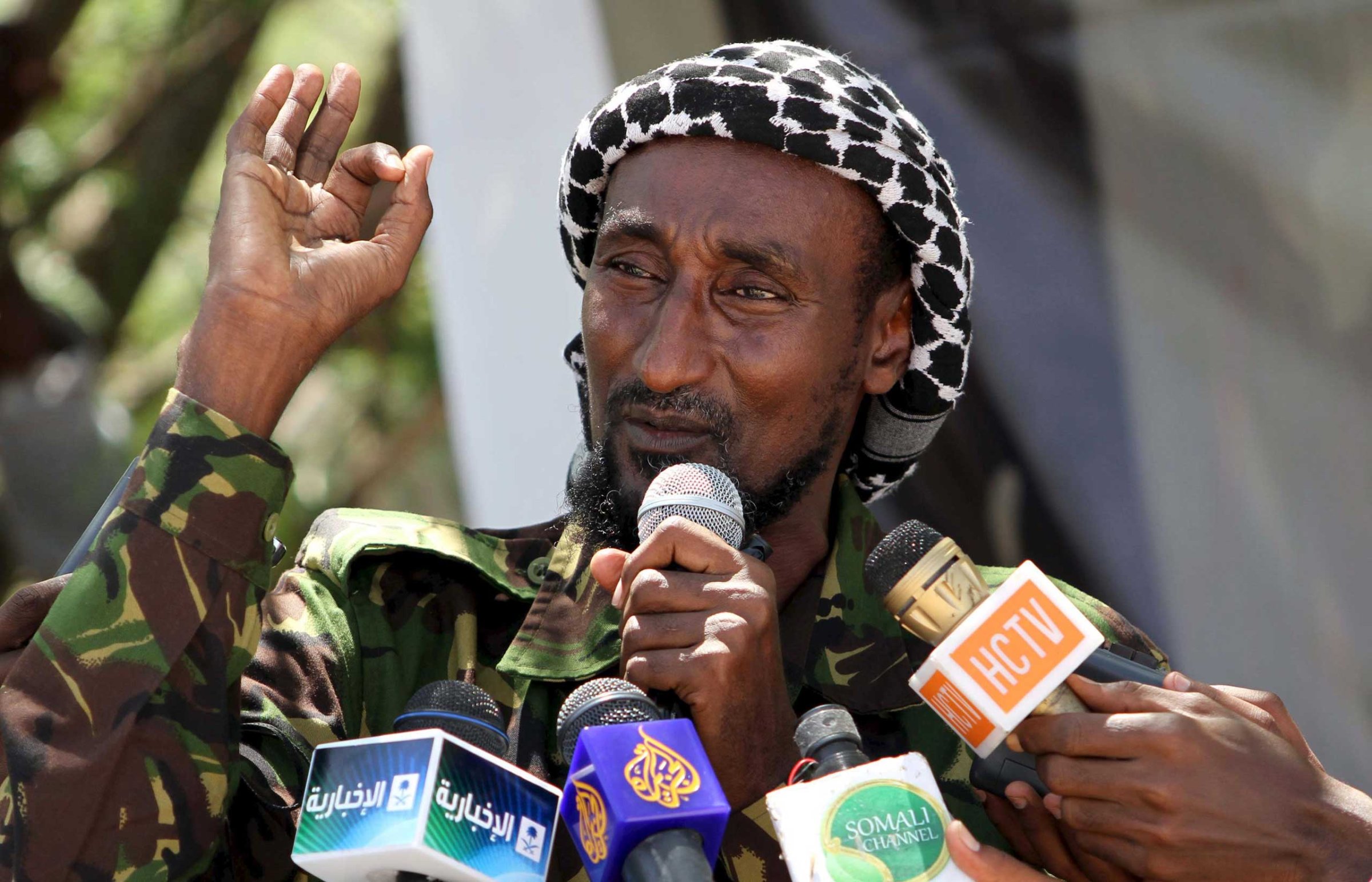 Senior Al-Shabab officer Mohamed Mohamud alias Sheik Dulayadayn addresses in Mogadishu, Somalia on Jan. 1, 2011.