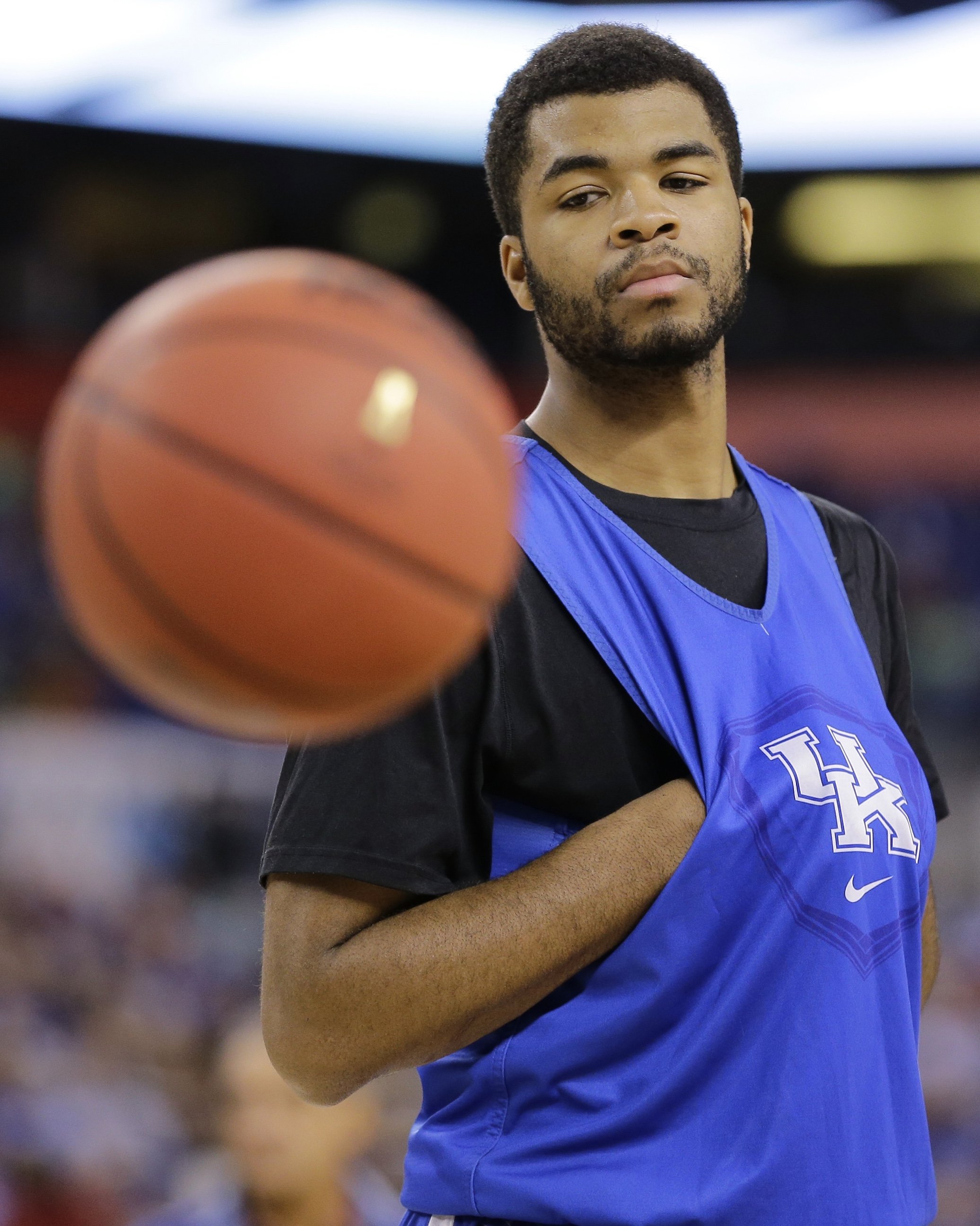 Kentucky's Andrew Harrison watches a ball during a practice session for the NCAA Final Four tournament college basketball semifinal game, in Indianapolis on April 3, 2015.