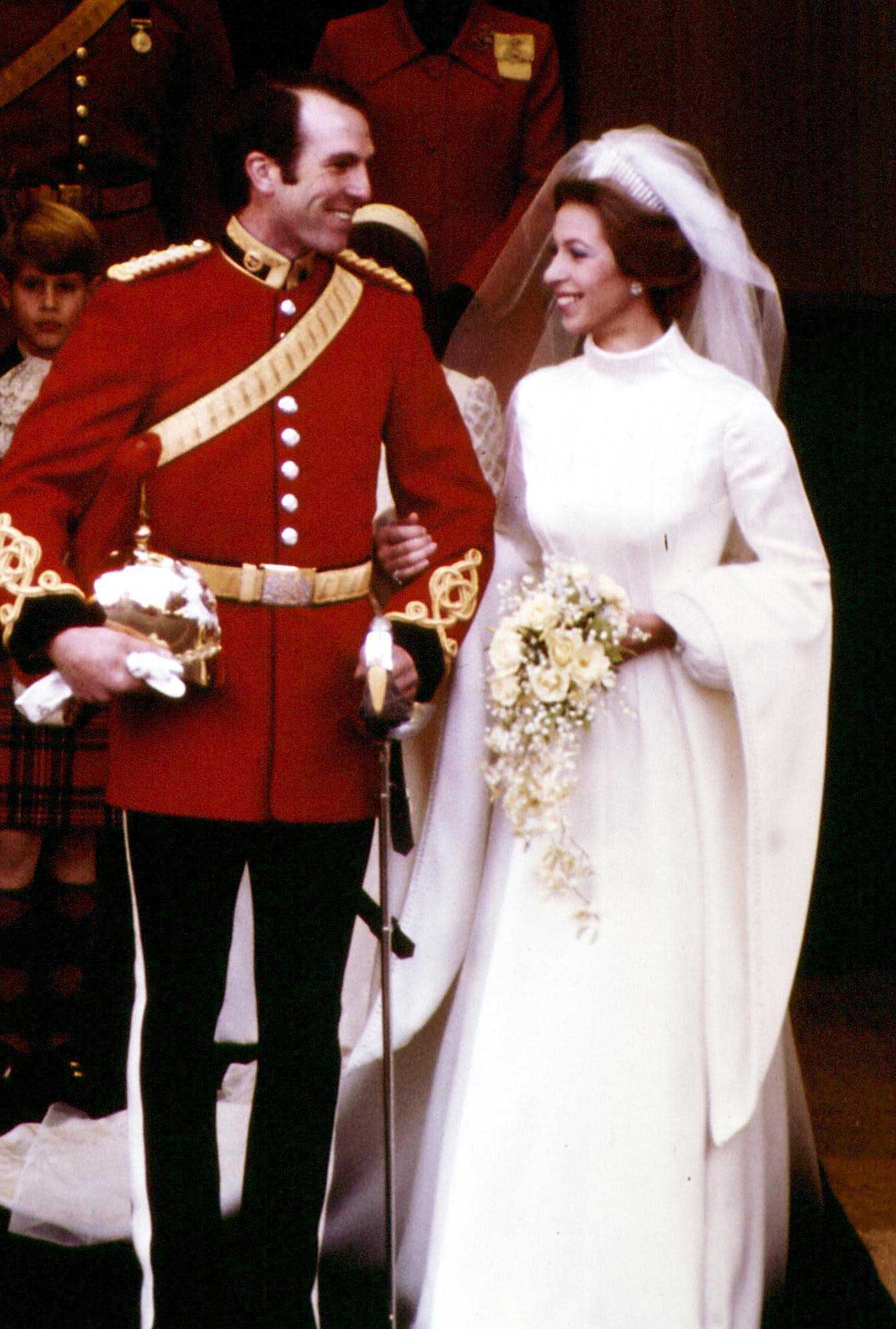 Princess Anne and Captain Mark Phillips leaving the west door of Westminster Abbey in London, after their wedding ceremony, Nov. 14, 1973.