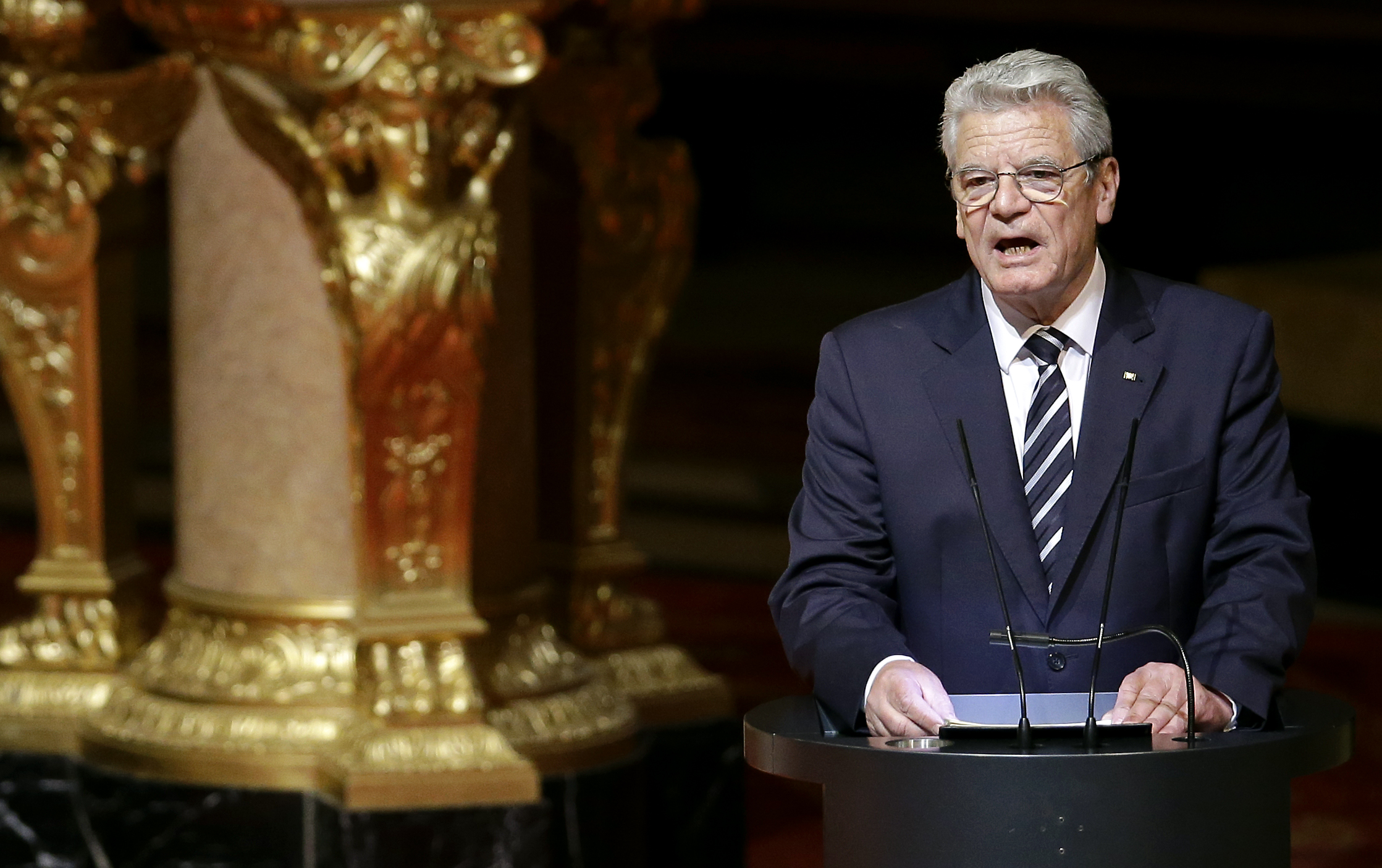 German President Joachim Gauck delivers a speech at the Berlin Cathedral Church in Berlin, Germany, April 23, 2015