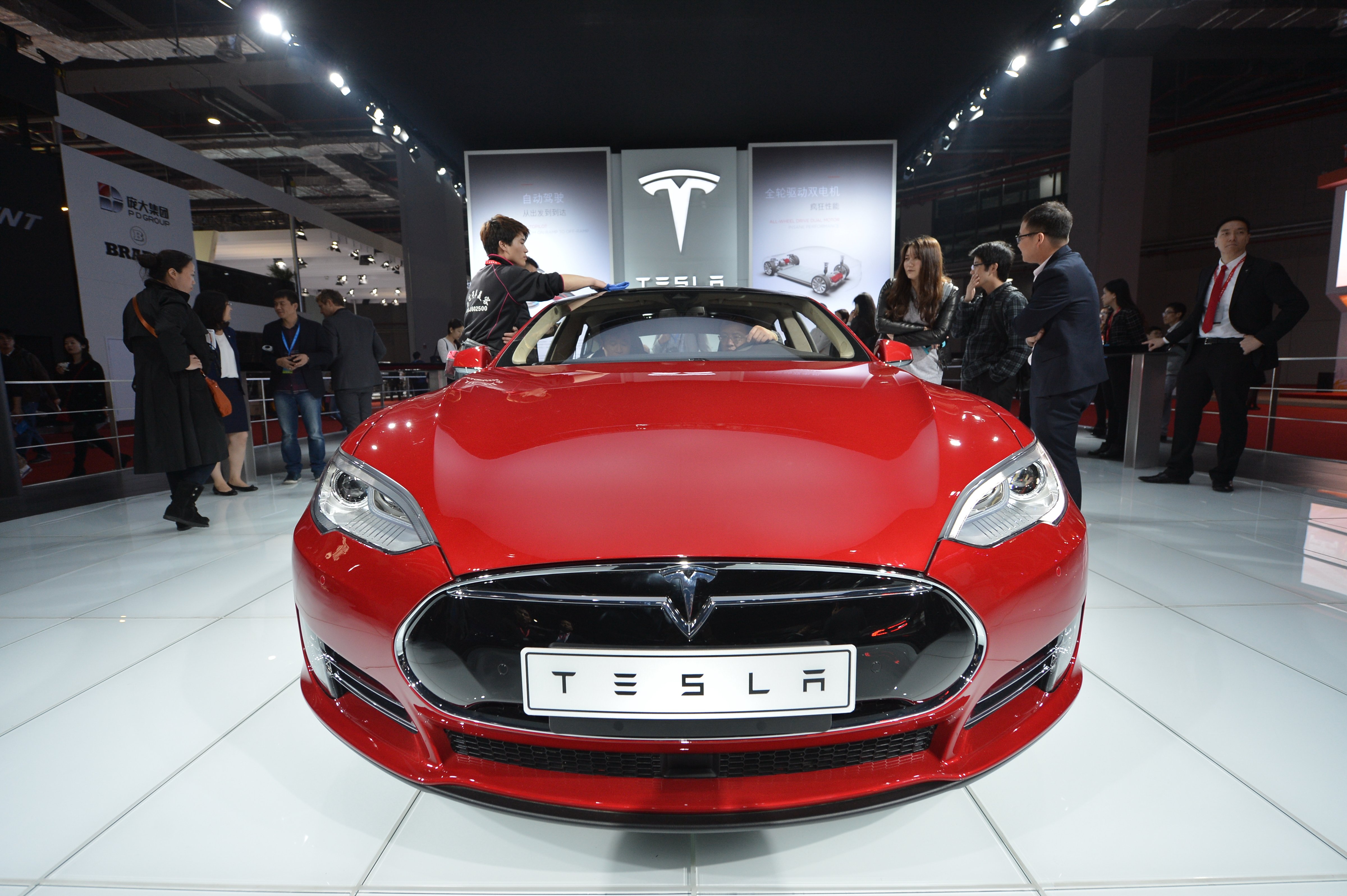 Tesla Model S electric car on display at the 16th Shanghai International Automobile Industry Exhibition in Shanghai on April 20, 2015.