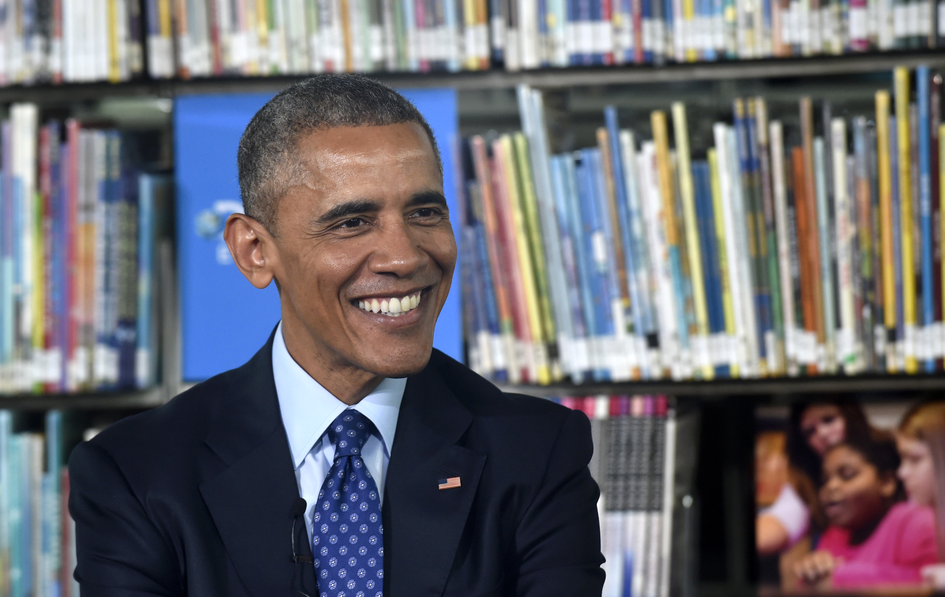 President Barack Obama smiles as he speaks at Anacostia Library in Washington, Thursday, April 30, 2015 (Susan Walsh&mdash;AP)