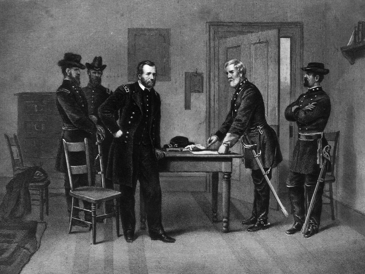 Confederate General Robert E Lee (1807 - 1870) surrending to the Union General Ulysses S Grant (1822 - 1885) at the Appomattox court house in Virginia (Hulton Archive / Getty Images)