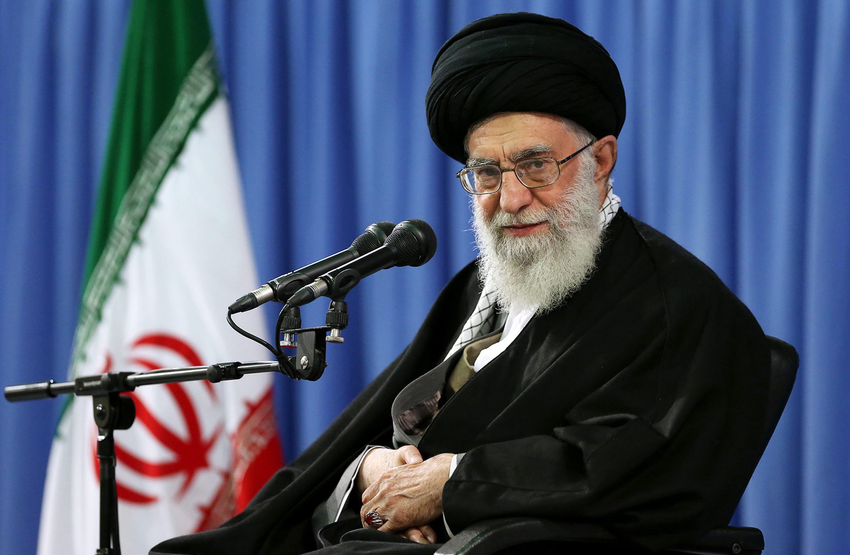 Supreme Leader, Ayatollah Ali Khamenei, speaking to crowds during a ceremony in Tehran on April 9, 2015. (Official Supreme Leader Website/EPA)