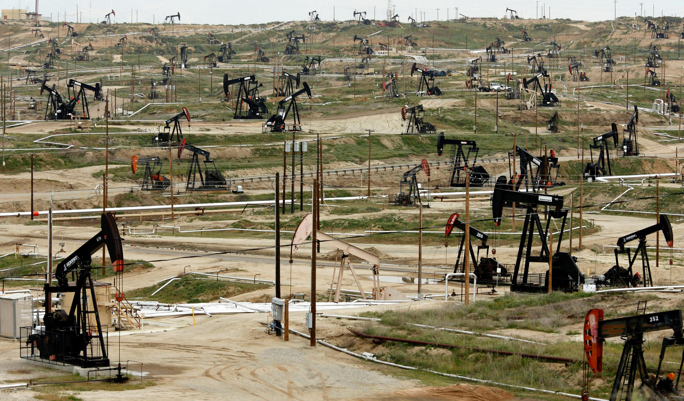 Oil pumps stand at the Chevron Corp. Kern River oil field in Bakersfield, Calif.