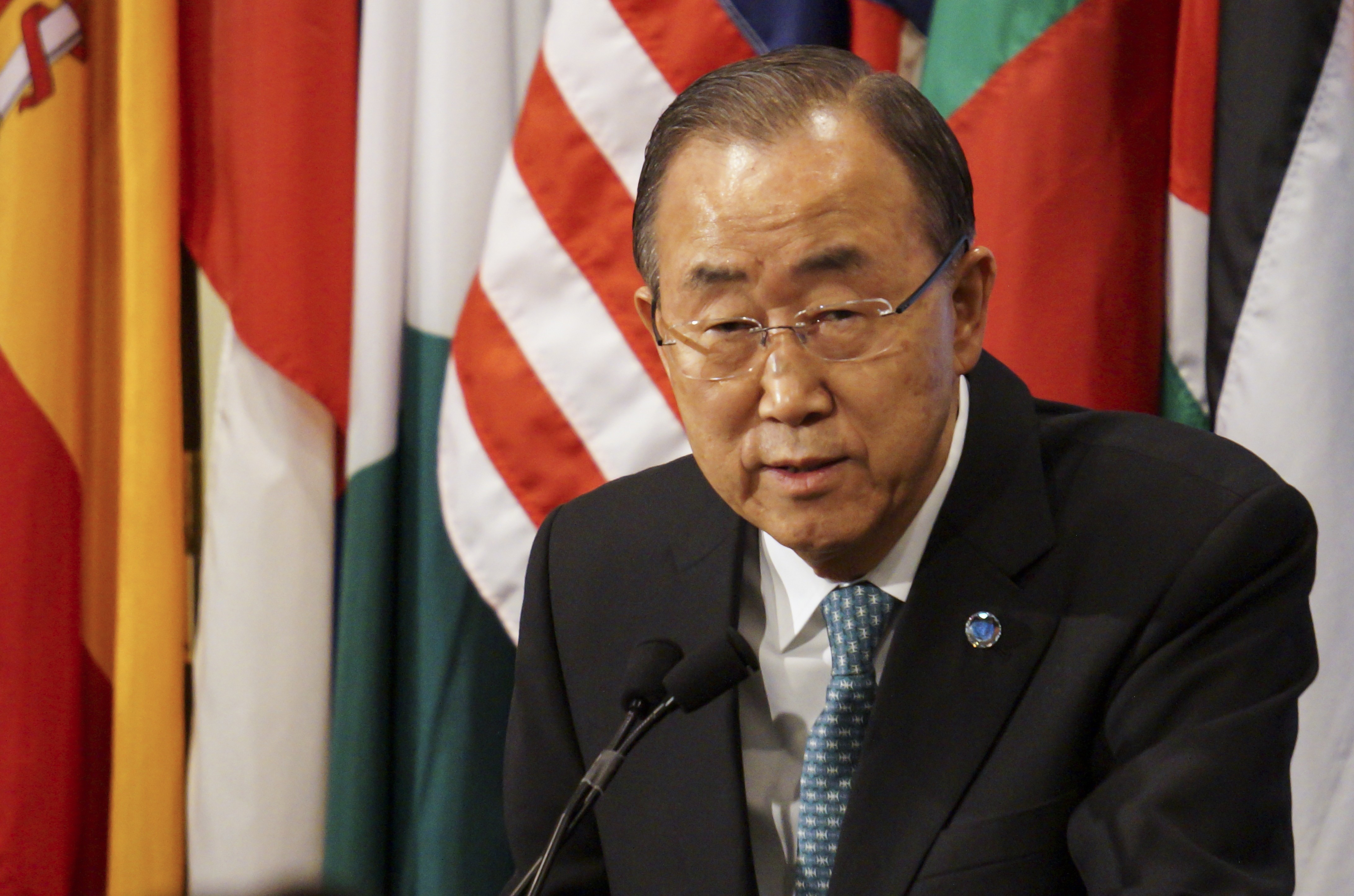UN Secretary General Ban Ki-moon delivers a speech during a press conference at UN headquarters in New York on April 9, 2015. (Bilgin Sasmaz—Anadolu Agency/Getty Images)