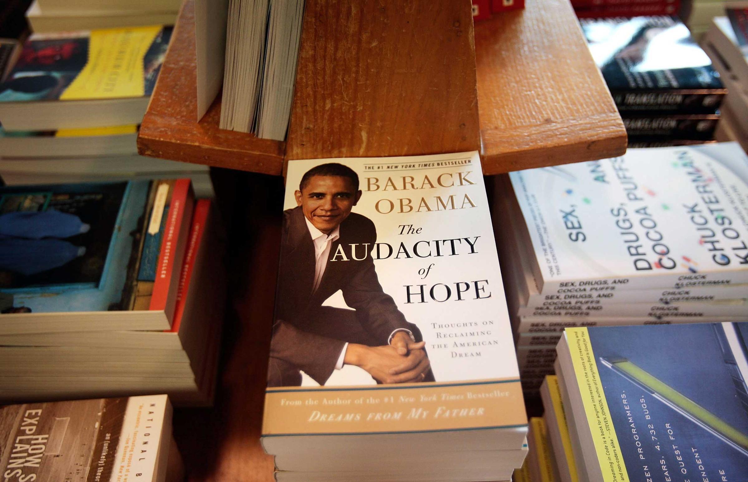 Democratic presidential candidate Sen. Barack Obama's book "The Audacity of Hope" is displayed at a bookstore in New York City on July 14, 2008.