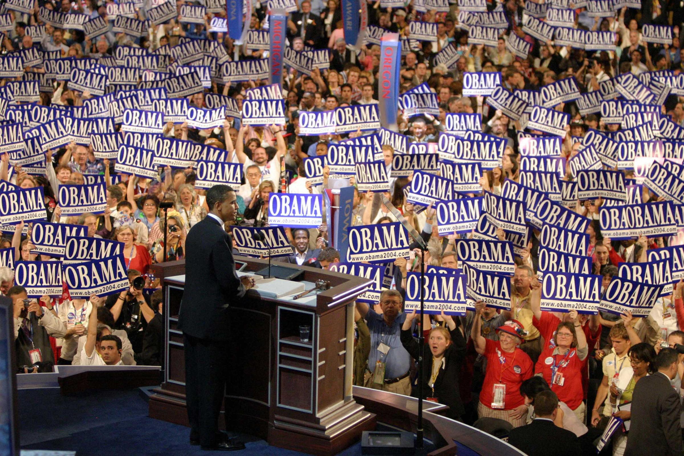 Barack Obama, US Senate candidate for Illinois, is greeted by delegates at the Democratic National Convention in Boston on July, 2004.