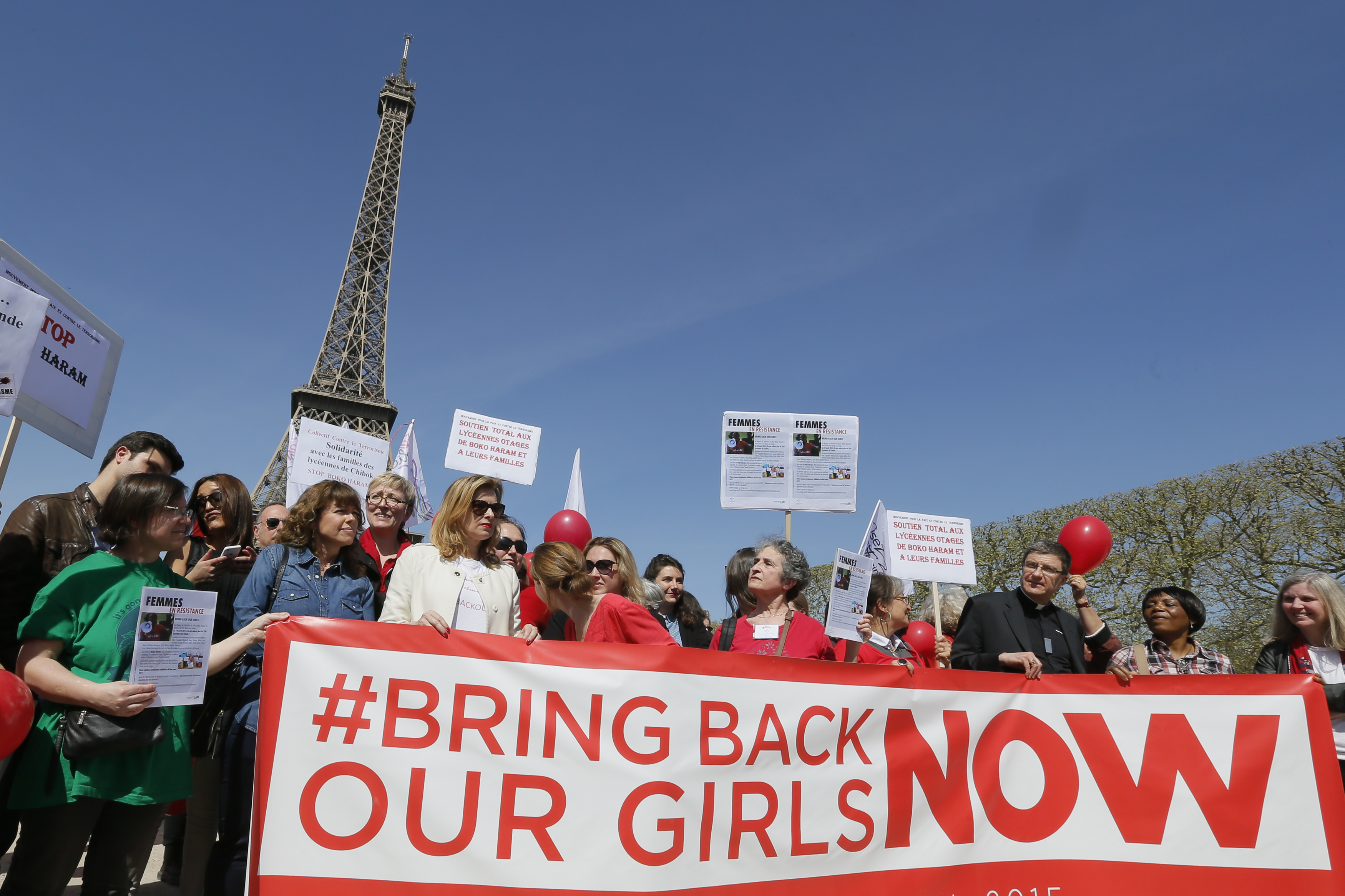 Former French first lady Valerie Trierweiler attends a gathering "Bring Back Our Girls" near the Eiffel Tower in Paris on April 14, 2015 to mark one year since more than 200 schoolgirls were kidnapped in Chibok, north-eastern Nigeria, by Nigerian Islamist rebel group Boko Haram. (Gonzalo Fuentes—Reuters)