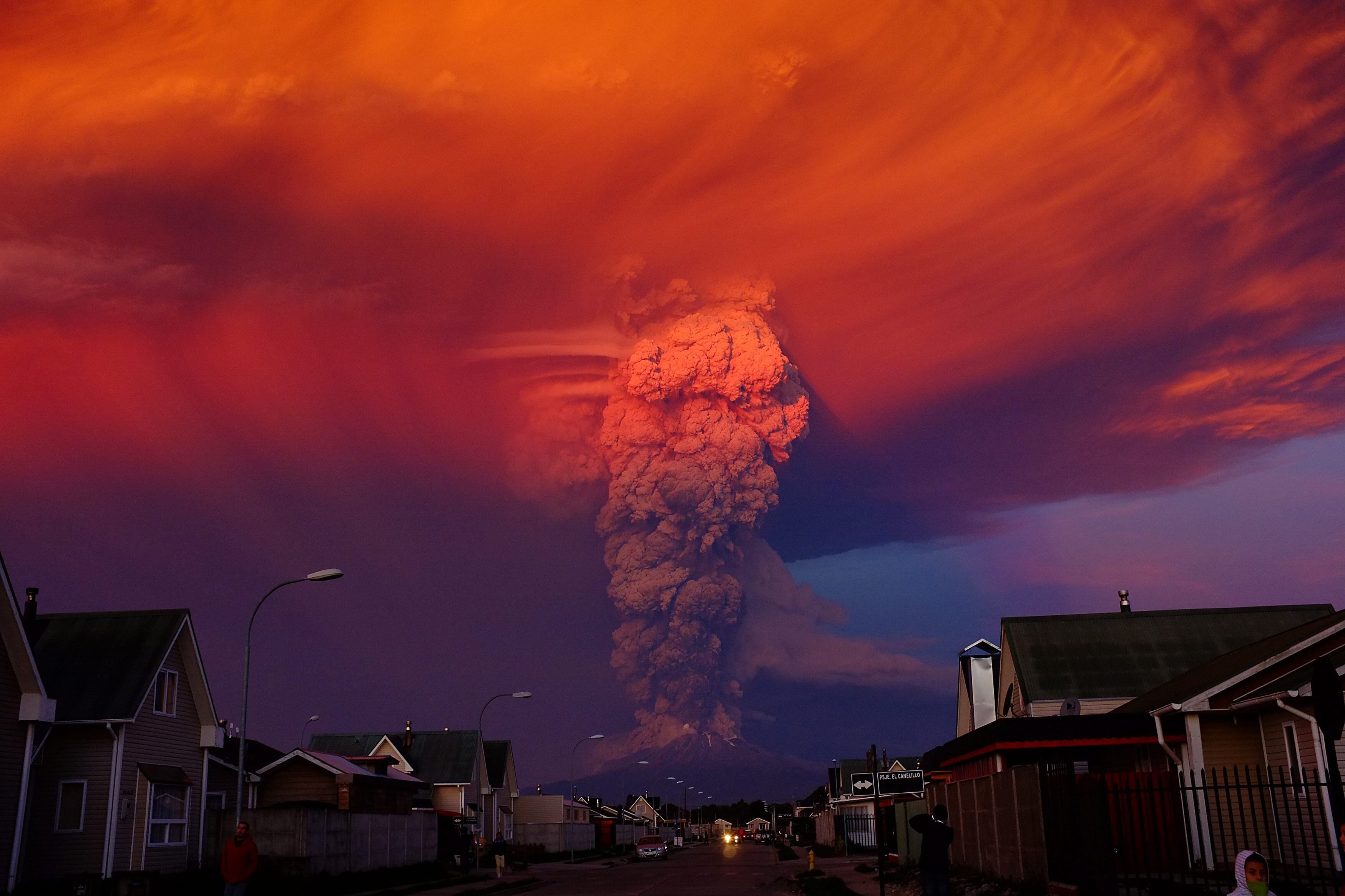 The Chilean Calbuco volcano seen from Puerto Montt, located 600 miles south of Santiago de Chile, Chile on April 22, 2015. The eruption caused a column of smoke over ten miles high. Authorities declared a red alert and ordered the evacuation of around 1500 residents in the area surrounding the volcano.