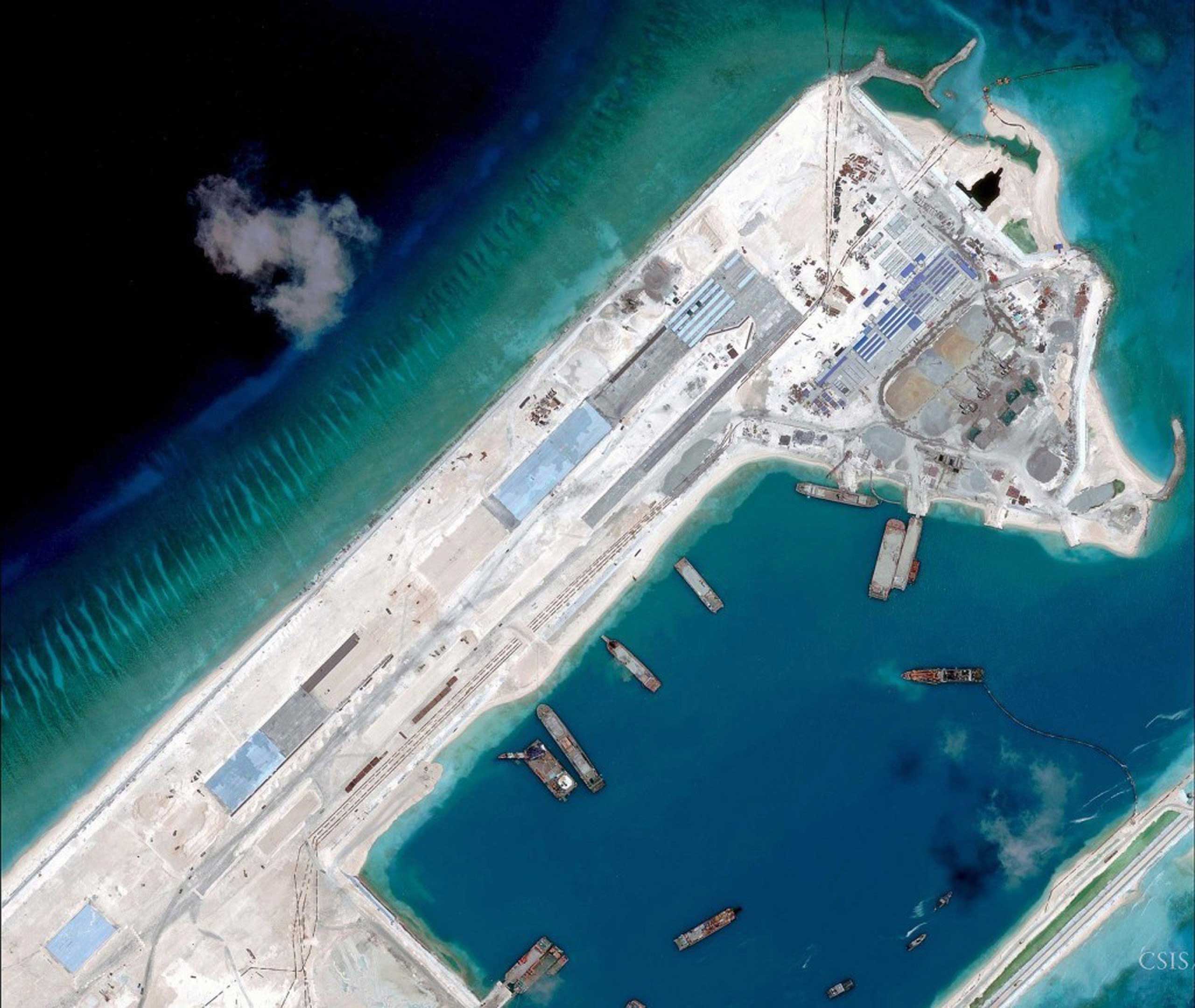 Satellite image of an arstrip construction on Fiery Cross Reef in the South China Sea