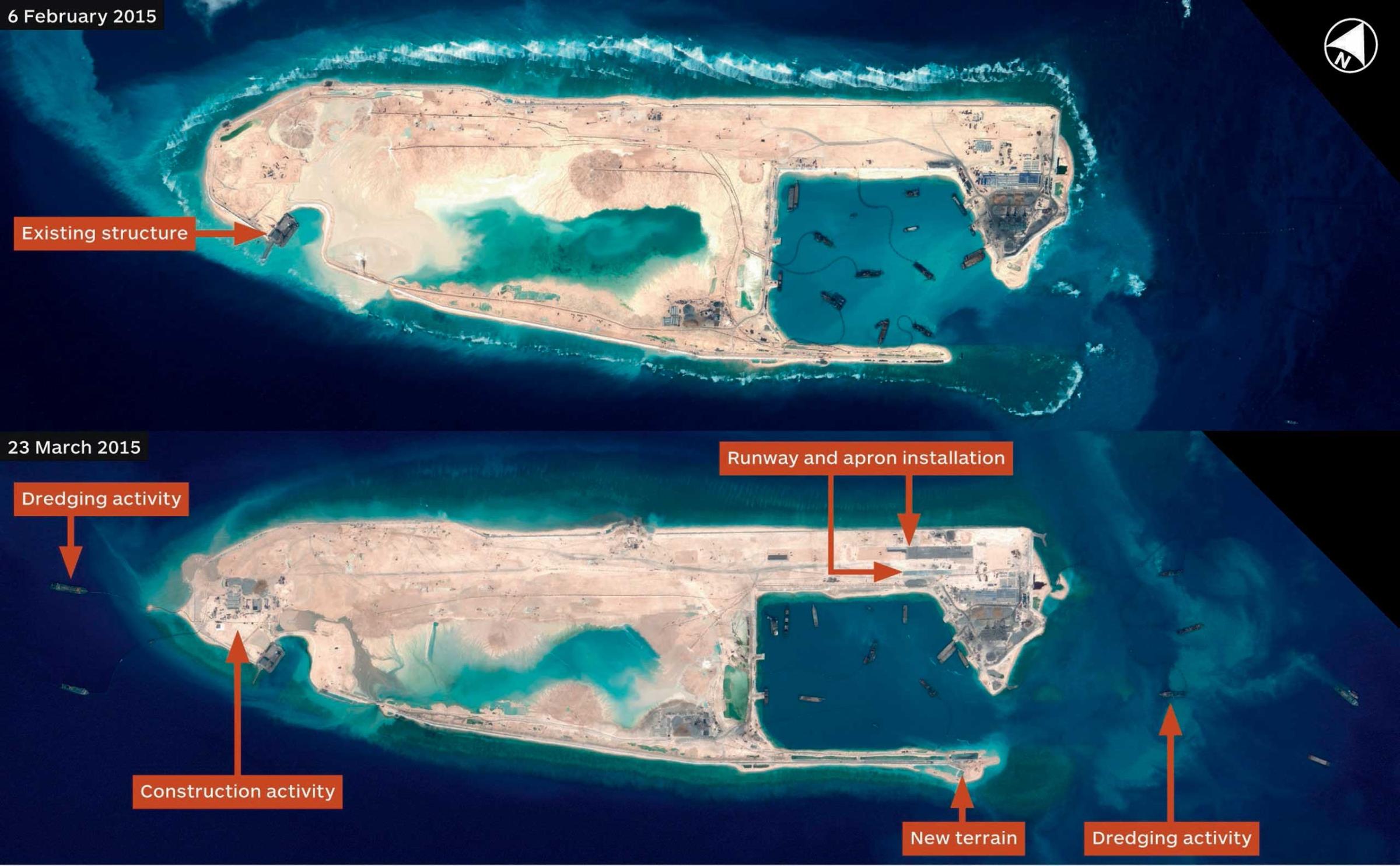 Satellite images detail China's construction activity on Fiery Cross Reef.