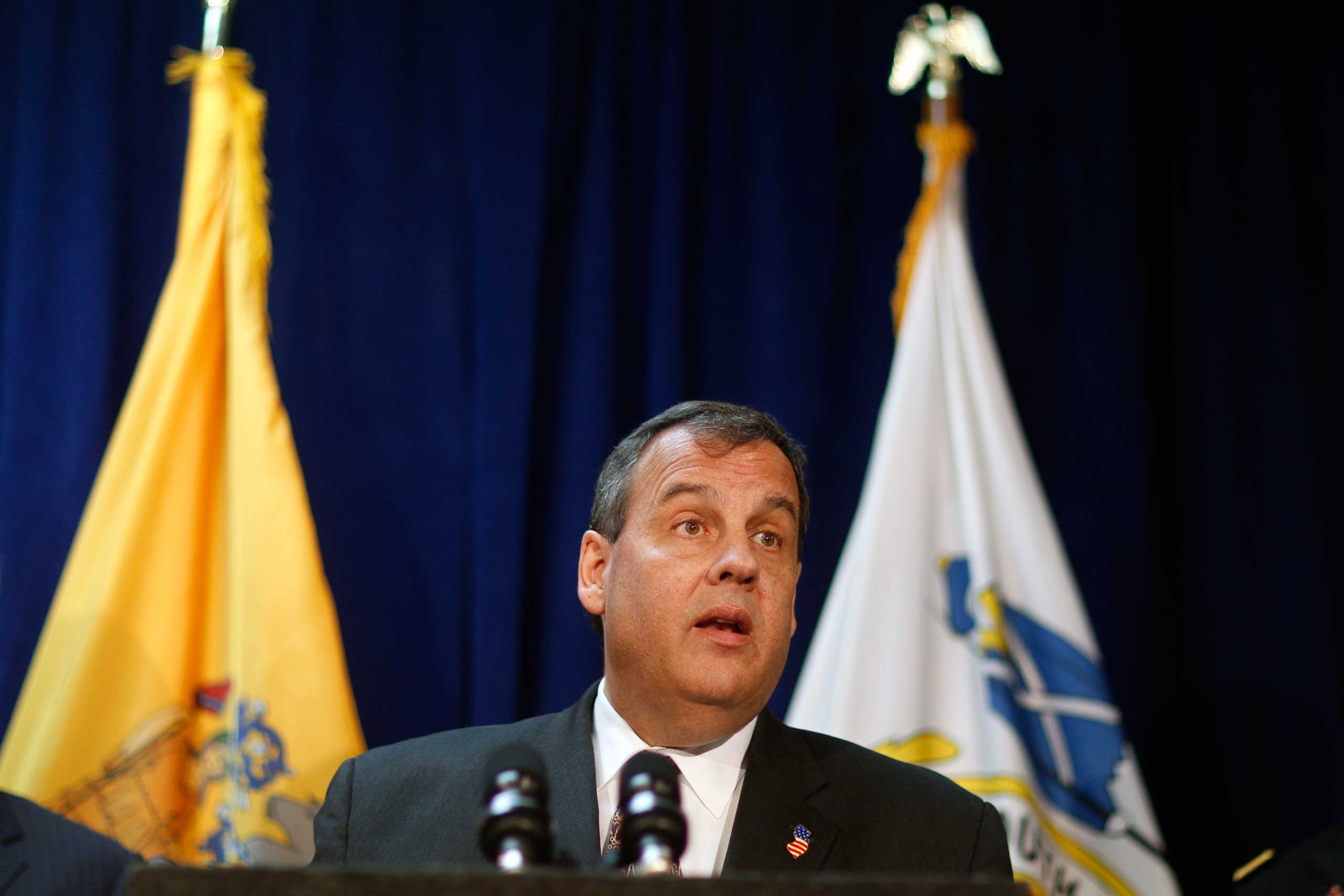 In this April 8, 2015 file photo, New Jersey Gov. Chris Christie addresses a gathering as he announces a $202 million flood control project for Union Beach, N.J. (Mel Evans—AP)