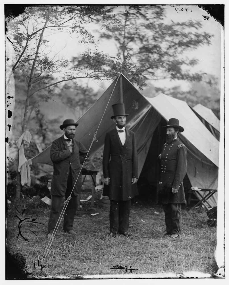 Allan Pinkerton, President Lincoln, and Maj. Gen. John A. McClernand; at the main eastern theater of the war, Battle of Antietam, Sept.-Oct., 1862.