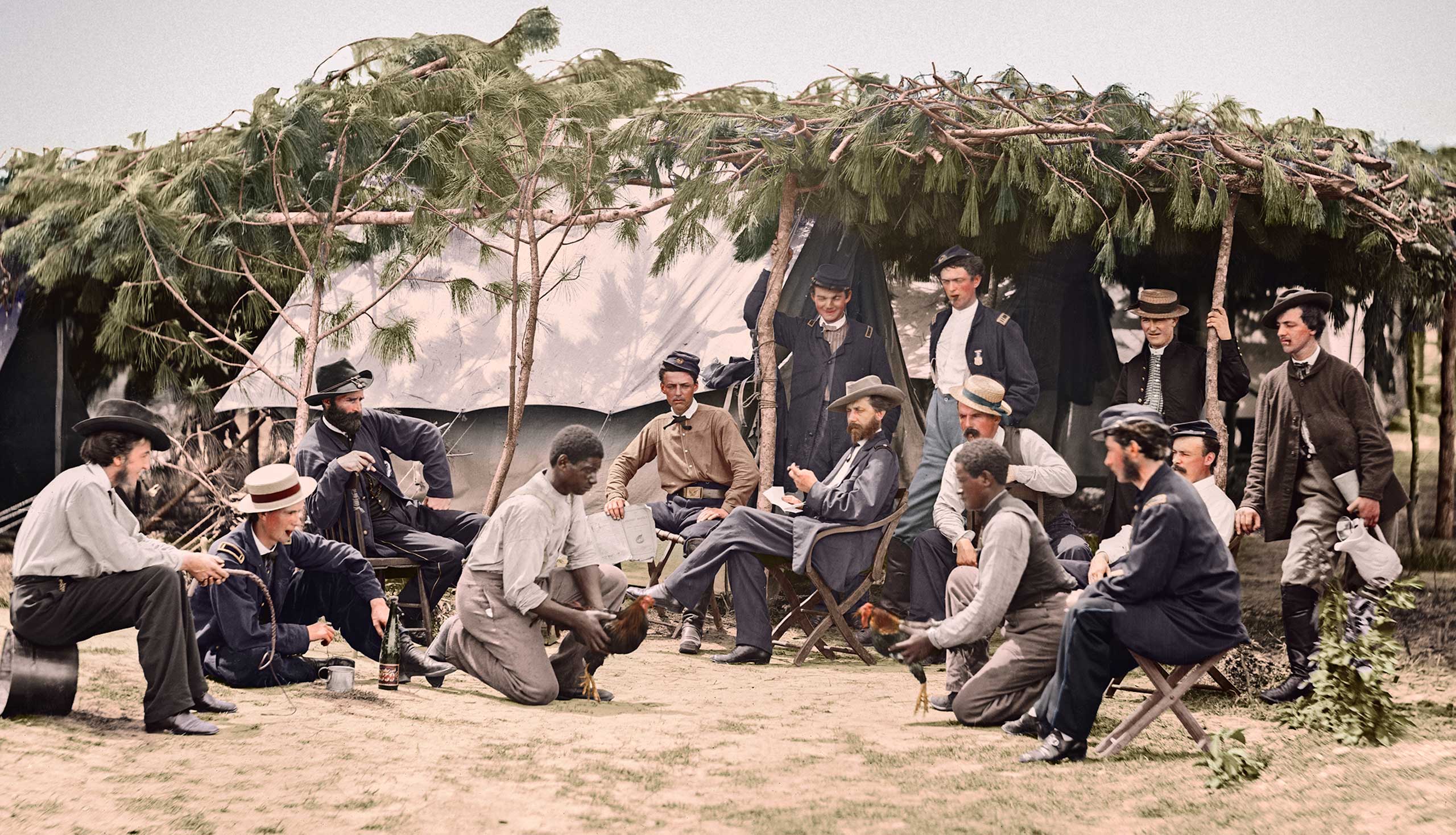 Cock fighting at Gen. Orlando B. Willcox's headquarters in Petersburg, Va., 1864.