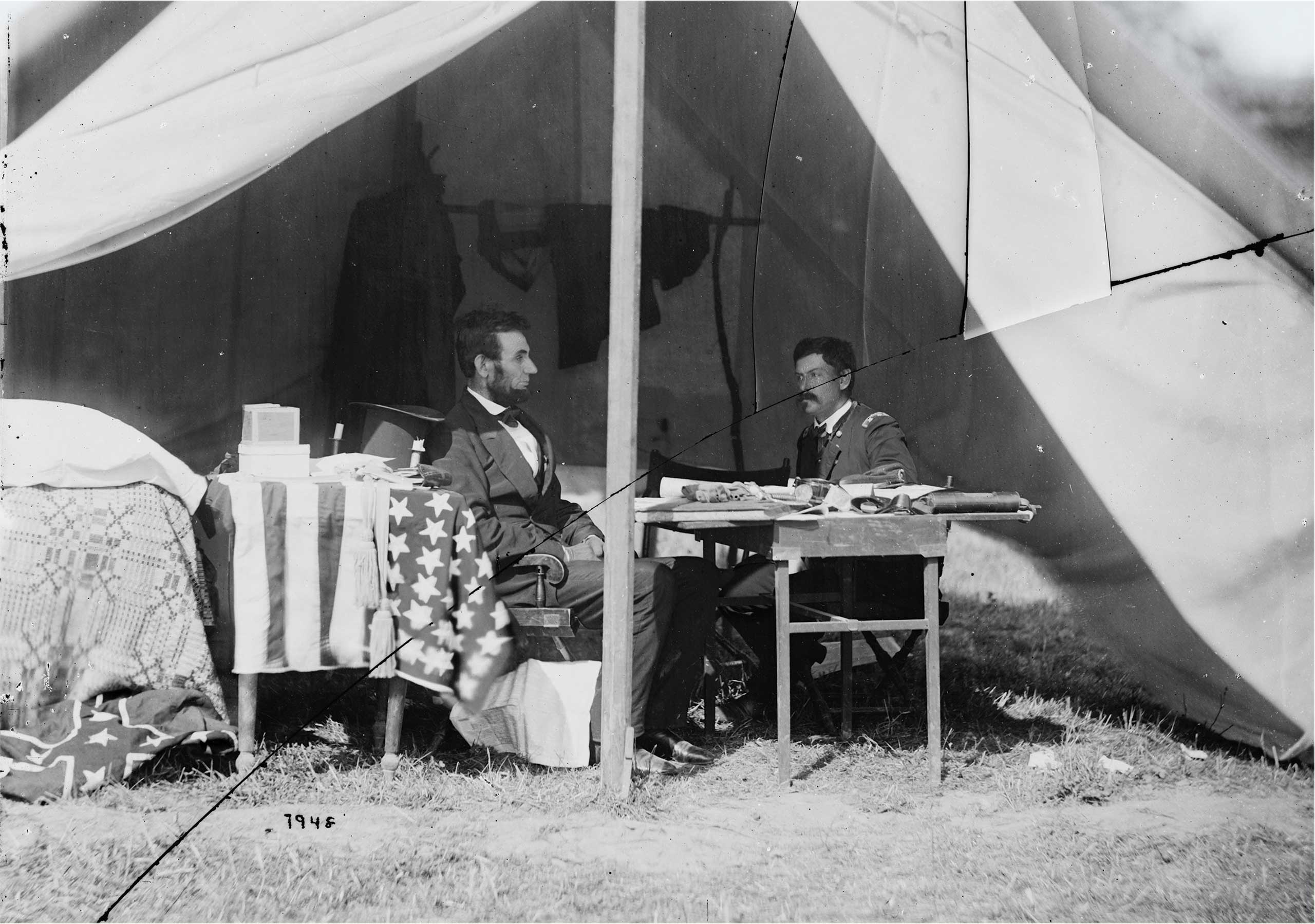 President Lincoln and Gen. George B. McClellan in the general's tent, Antietam, Md., Sept. - Oct. 1862.