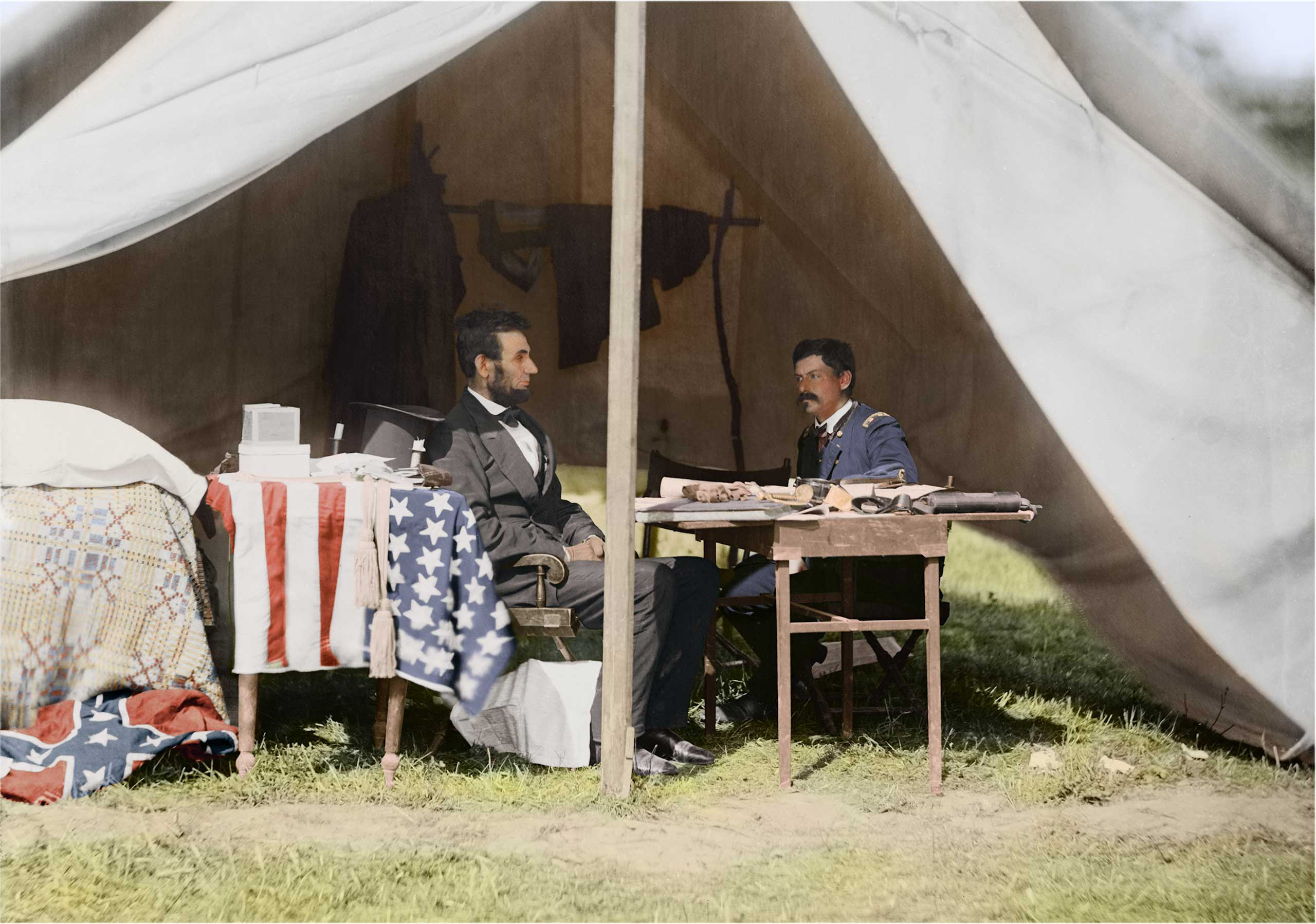 President Lincoln and Gen. George B. McClellan in the general's tent, Antietam, Md., Sept. - Oct. 1862.