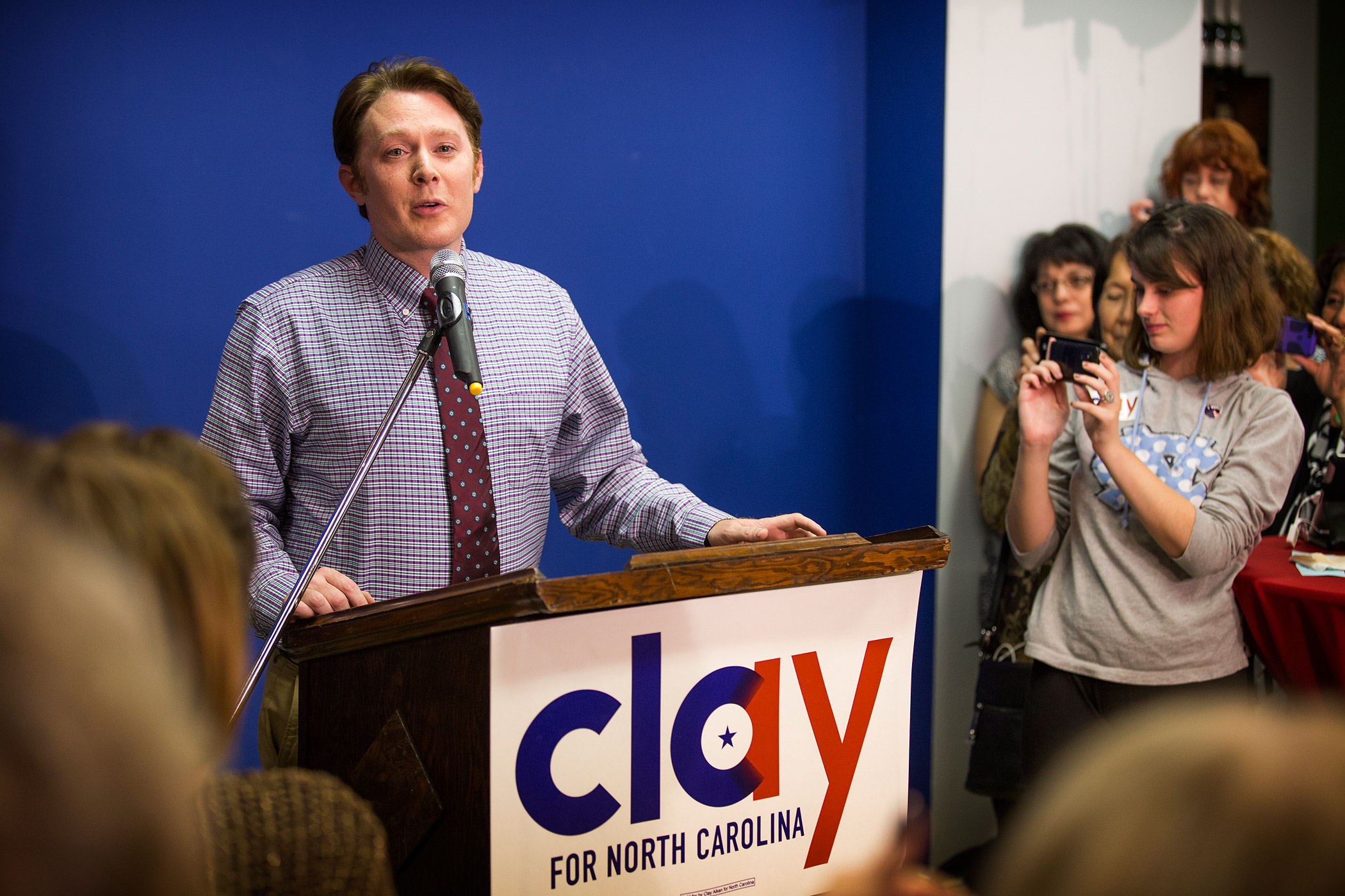 Clay Aiken, Democratic candidate for U.S. representative of North Carolina's 2nd Congressional District, gives his concession speech in Sanford, N.C. on Nov. 4, 2014 after losing to Republican incumbent Renee Ellmers. (Abbi O'Leary—The Fayetteville Observer/AP)