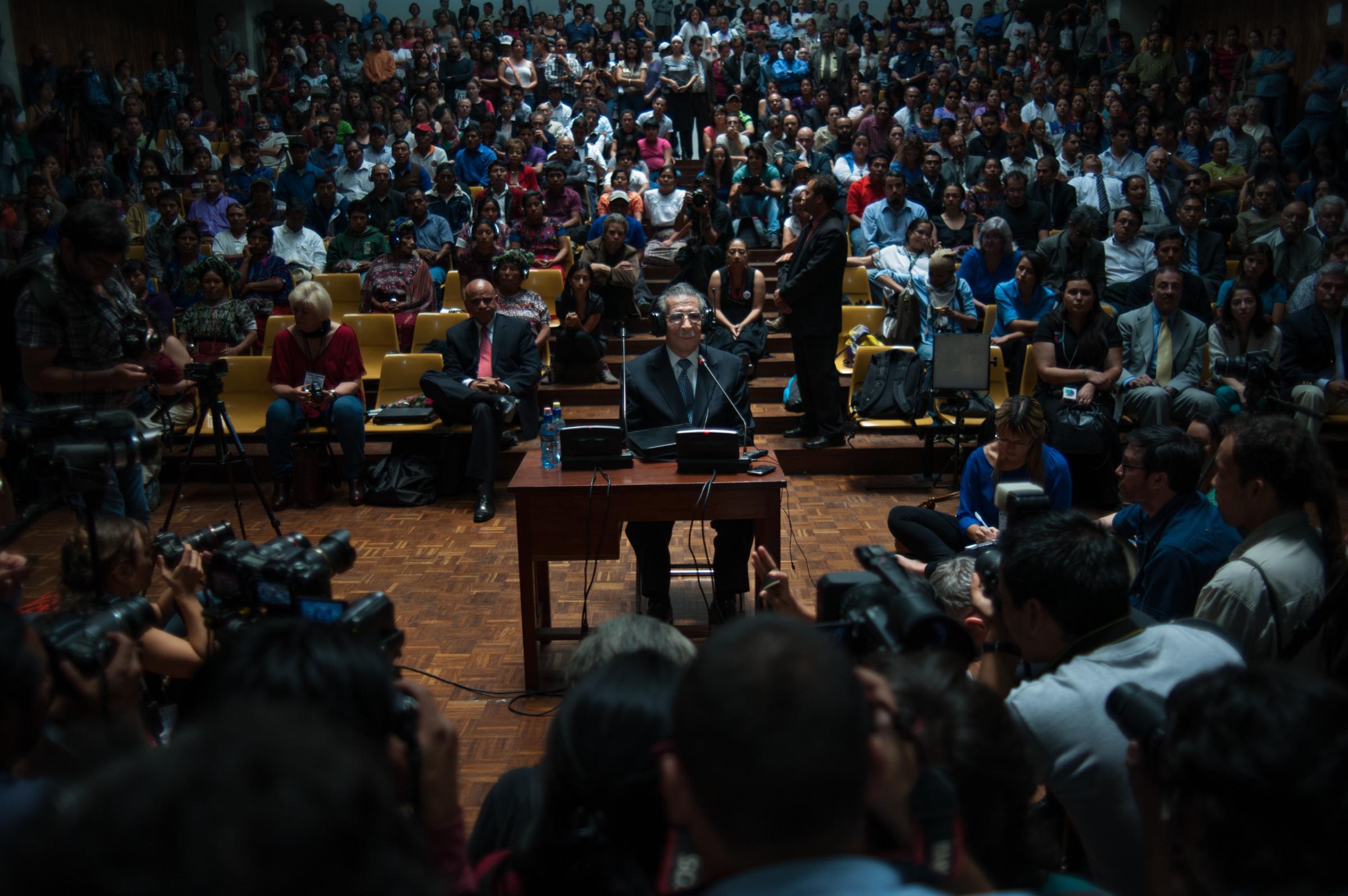 Ex-dictator Efraín Ríos Montt, declares in front of judge Yassmin Barrios during the genocide trial where he is the main defendant.