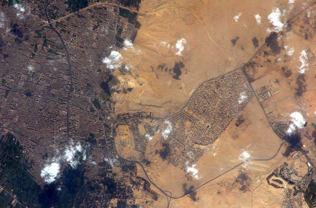 The pyramids of Giza in Egypt, (center left) seen from space. (Samantha Cristoforetti—European Space Agency)