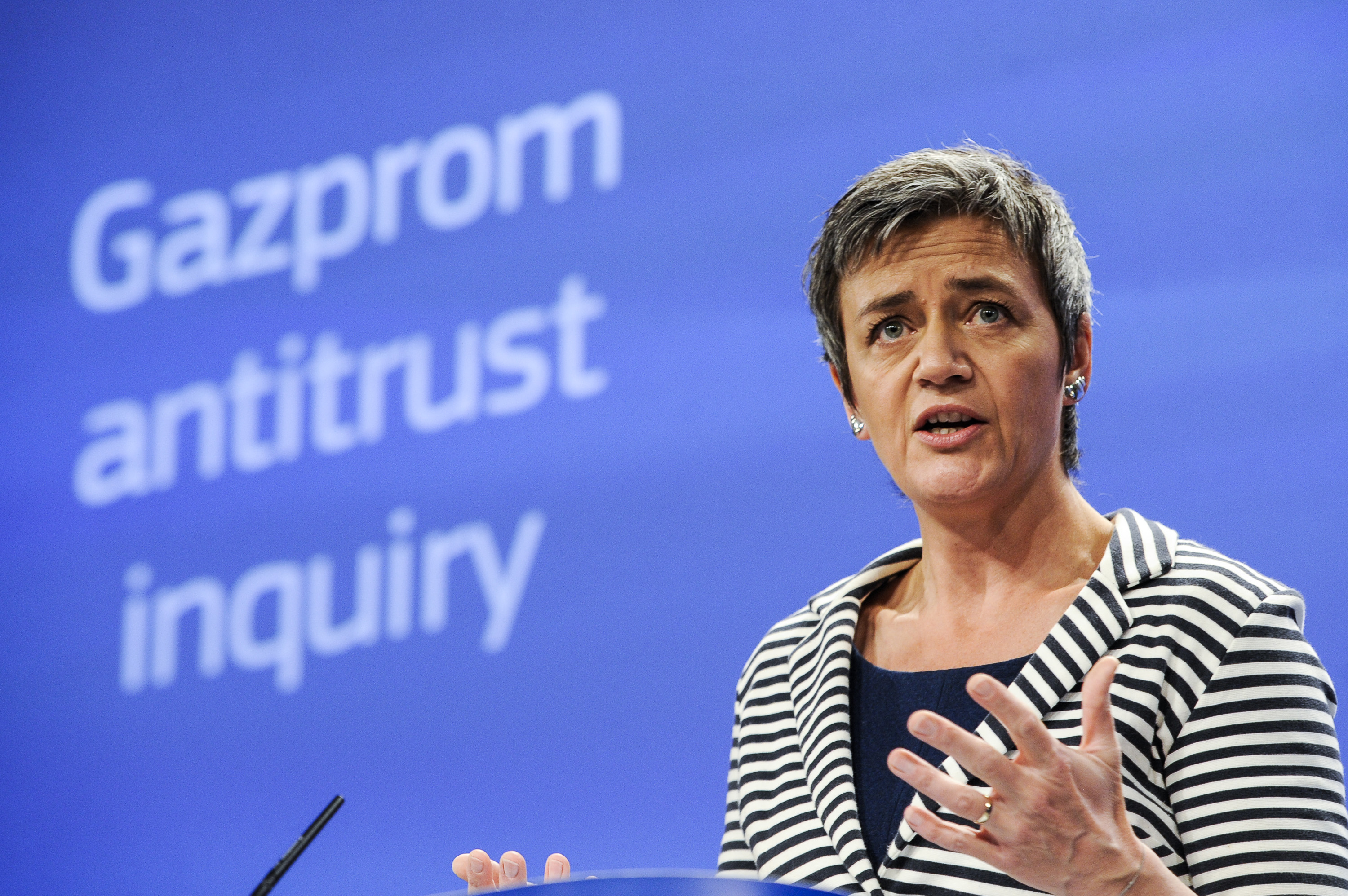Margrethe Vestager, EU commissioner for Competition announce the Statement of Objection against Gazprom activities in 8 countries during the press conference at European Commission headquarters in Brussels, April 22, 2015. (Wiktor Dabkowski—picture-alliance/DPA/AP)