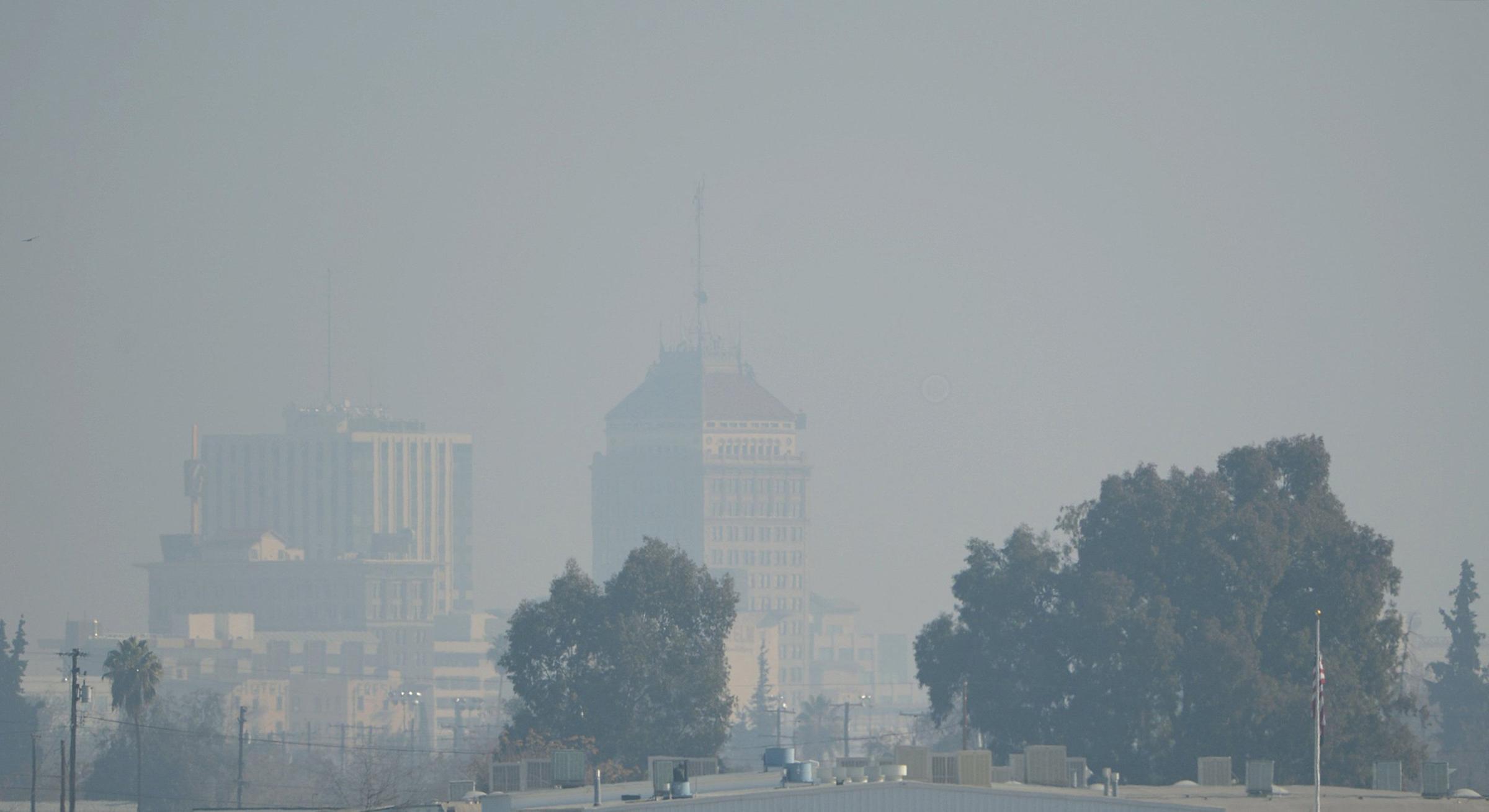The downtown Fresno skyline with heavy haze