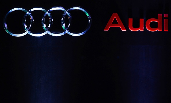 The Audi logo is seen at the launch of the new Audi TT car in the Indian capital New Delhi on April 23, 2015. (SAJJAD HUSSAIN&mdash;AFP/Getty Images)