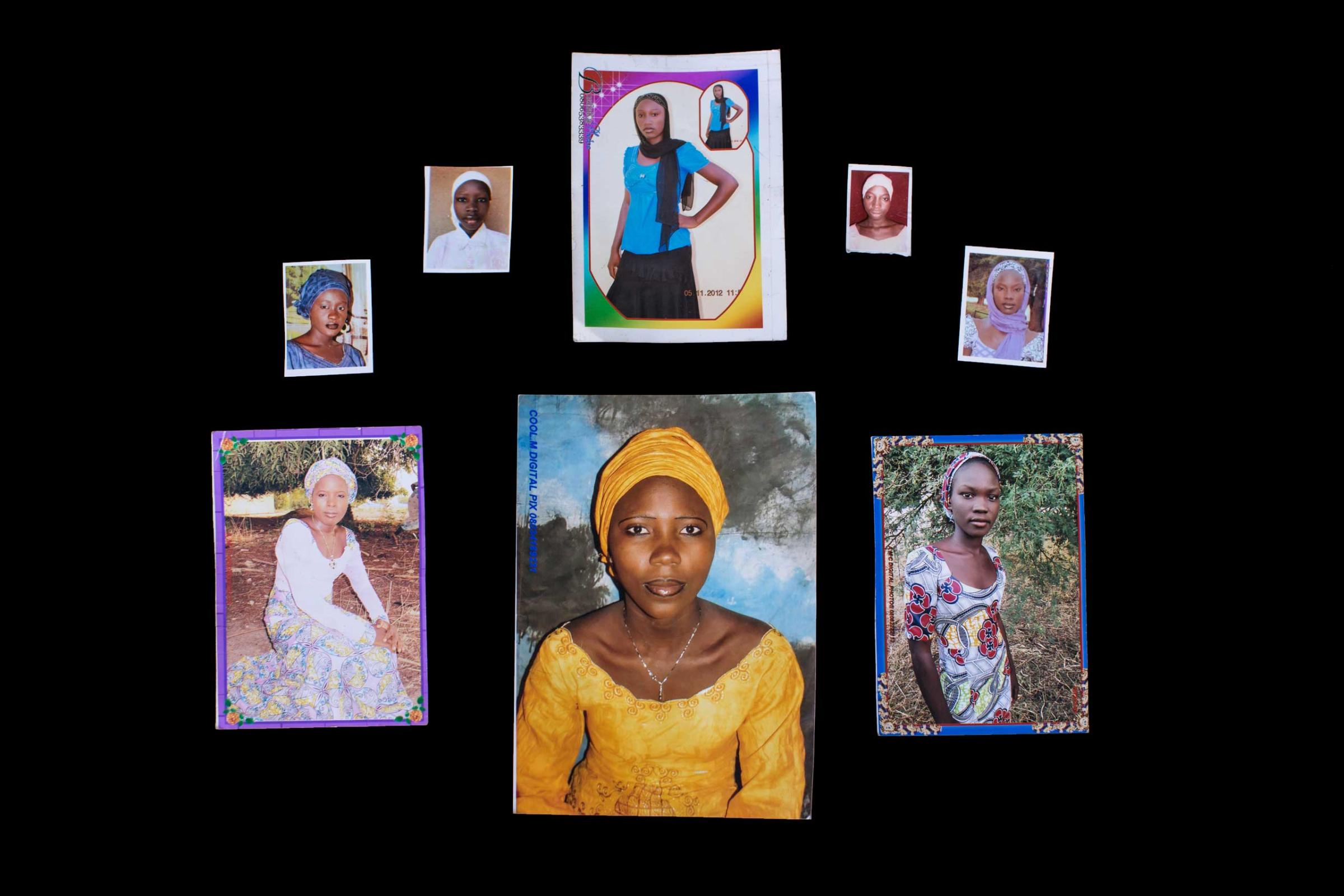 Photos of kidnapped Chibok girls, provided by their families. Top row left, to right: Yana Pogu, Rhoda Peters, Saratu Ayuba, Comfort, Bullus, Dorcas Yakubu. Bottom row, left to right: Hauwa Mutah, Hajara Isa, Rivkatu Ngalang.